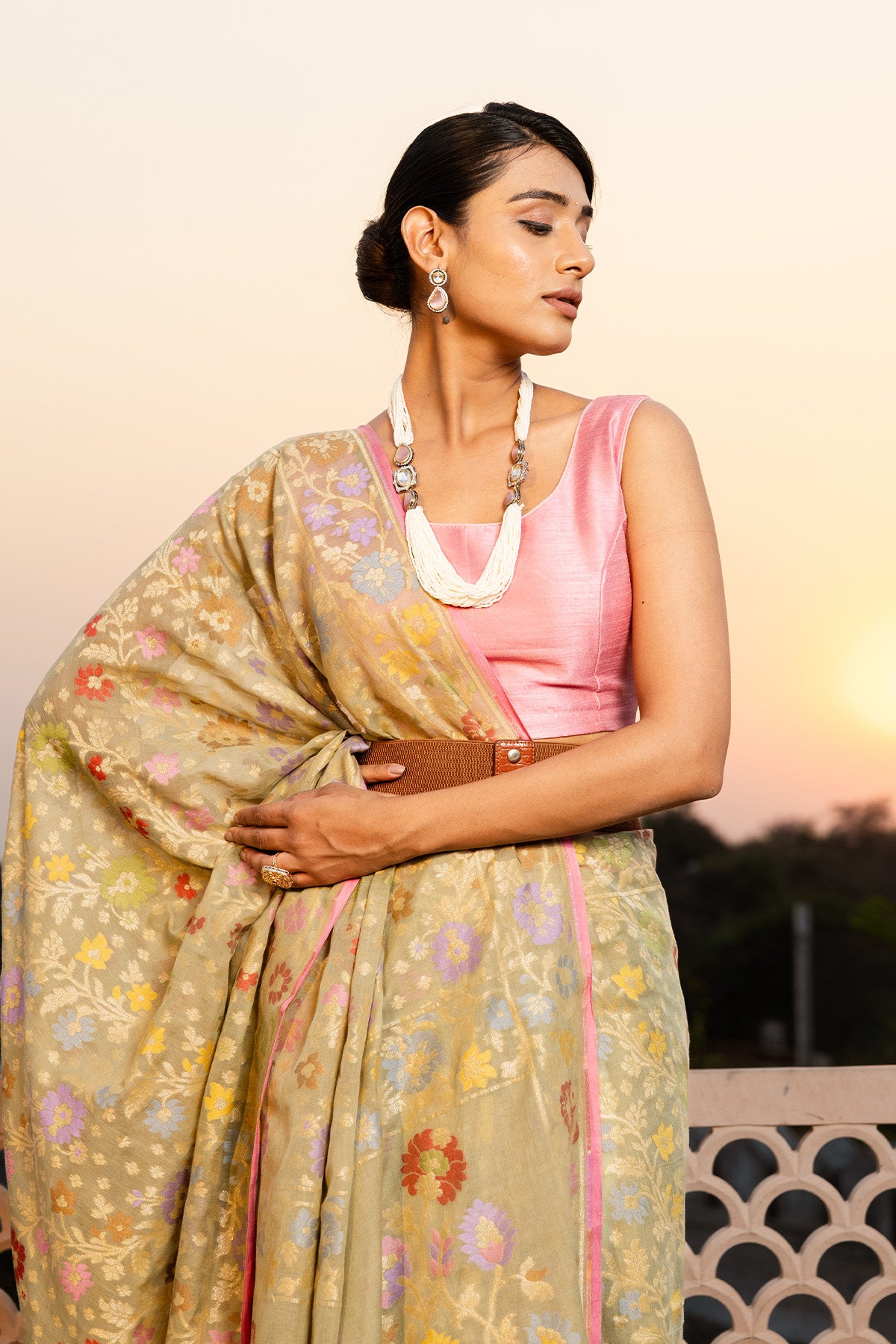 Green Jaal Pure Cotton Katan Silk Banarasi Handloom Saree