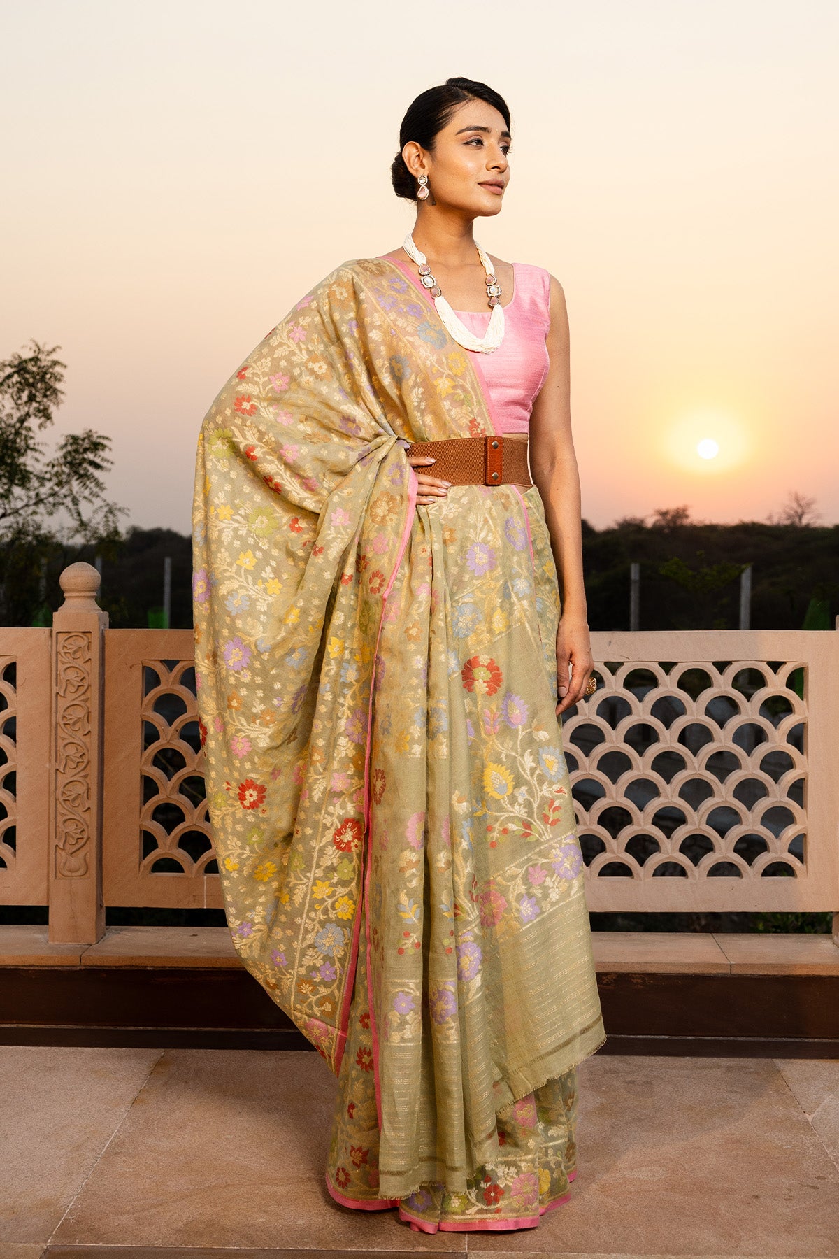 Green Jaal Pure Cotton Katan Silk Banarasi Handloom Saree