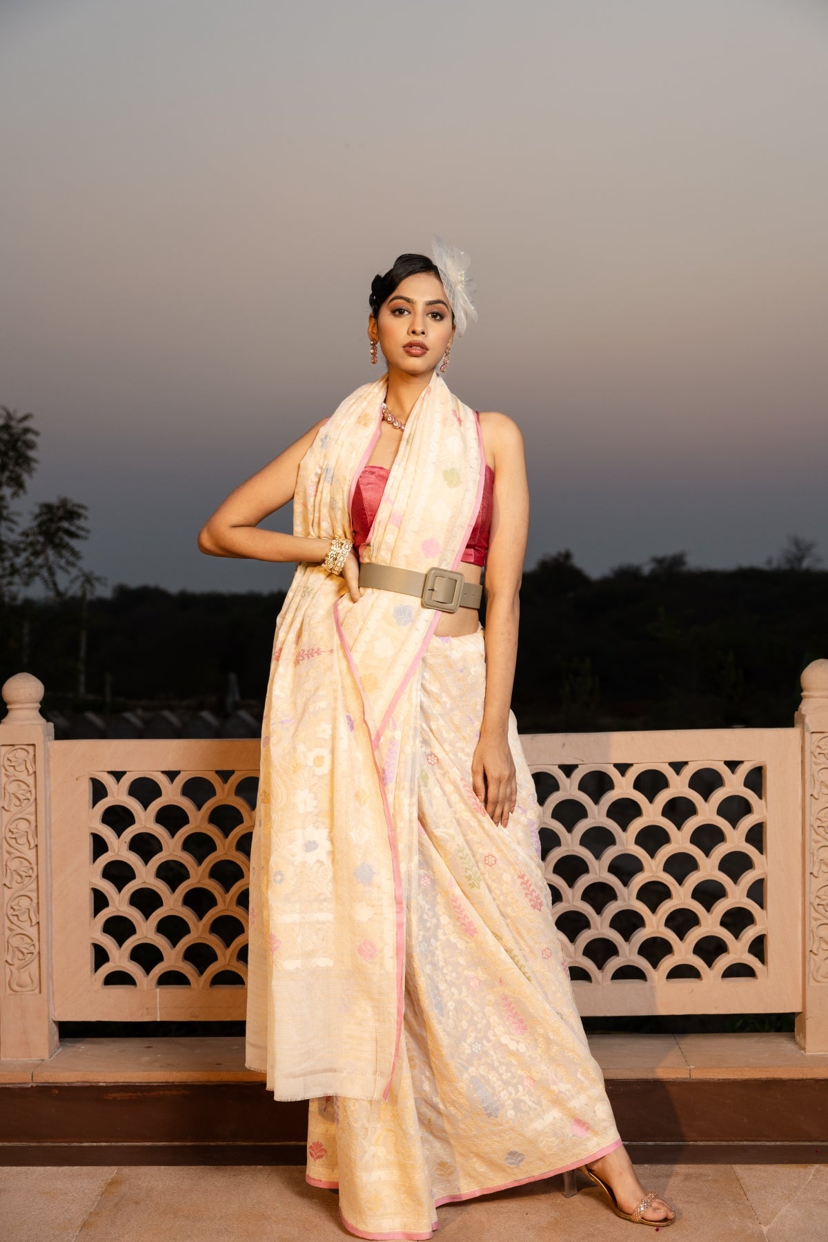 Ivory Multi Jaal Pure Cotton Katan Silk Banarasi Handloom Saree