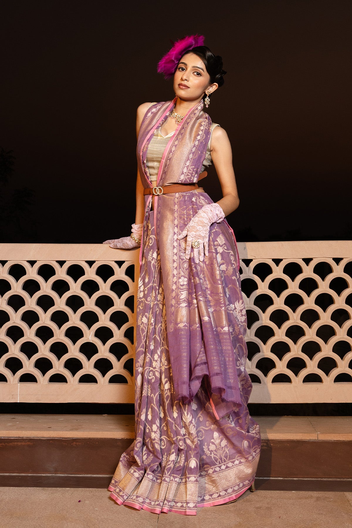 Lavender Jaal Pure Cotton Katan Silk Banarasi Handloom Saree