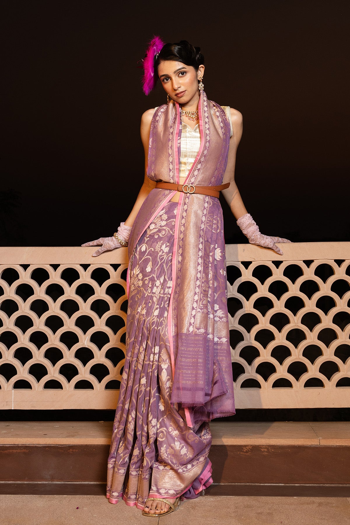 Lavender Jaal Pure Cotton Katan Silk Banarasi Handloom Saree