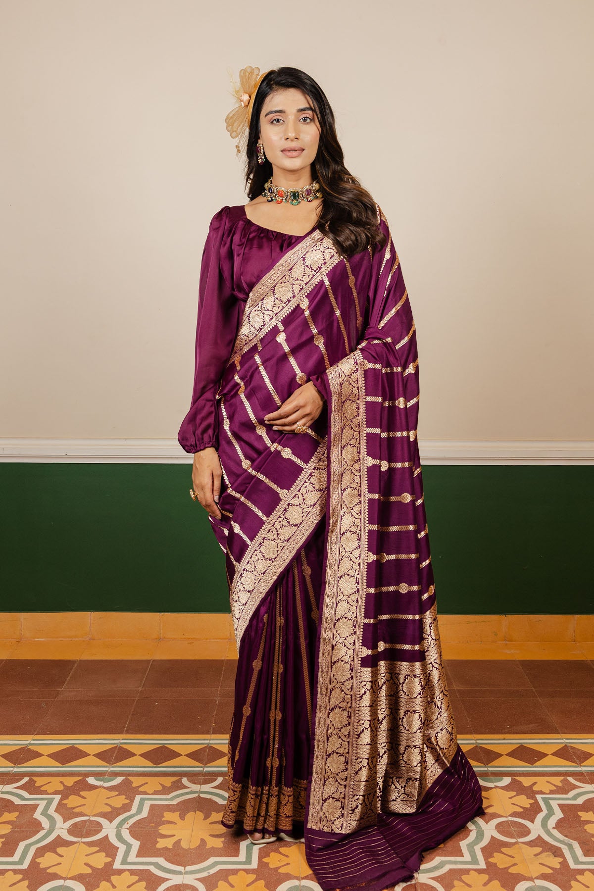 Wine Stripe Katan Silk Banarasi Handloom Saree