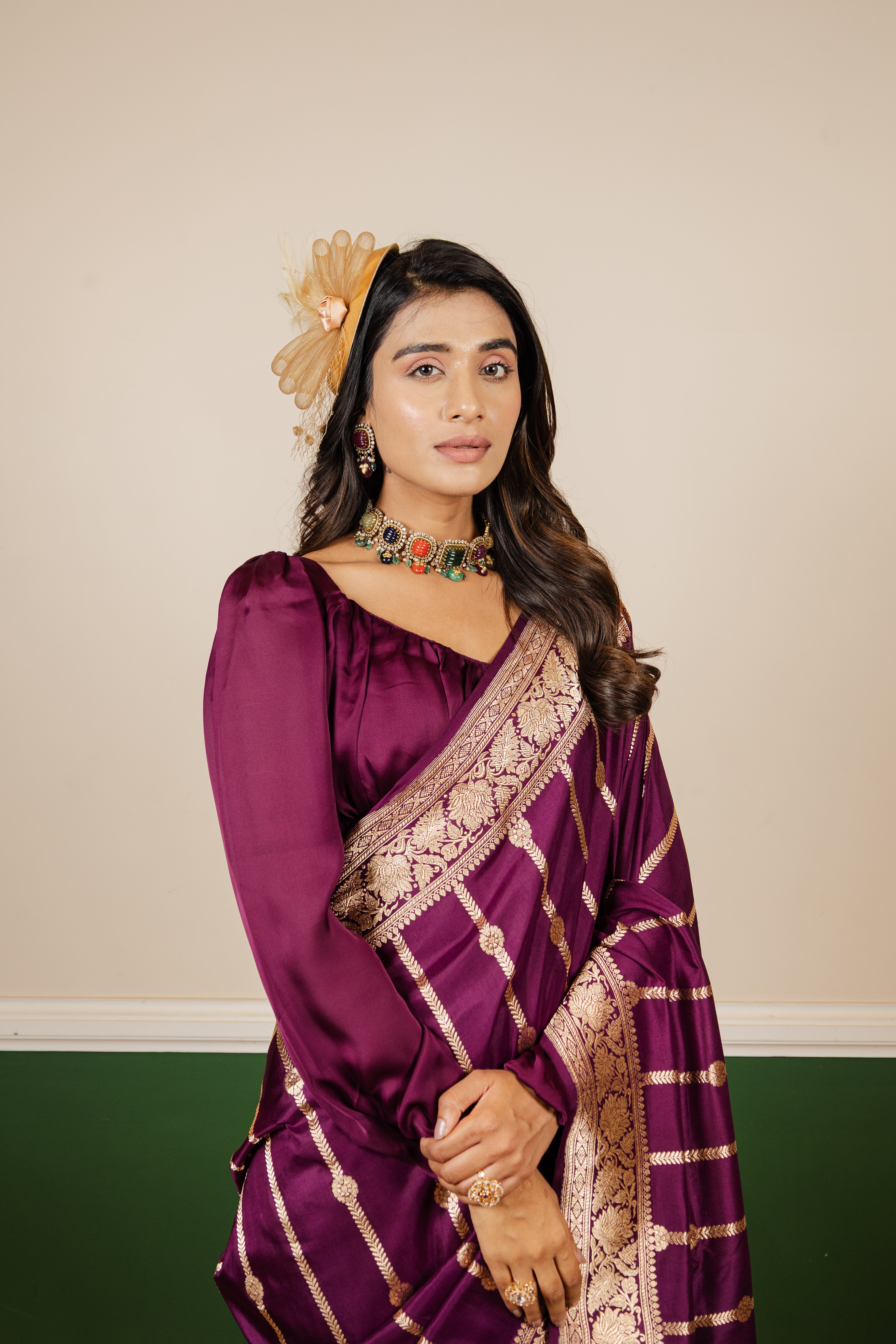 Wine Stripe Katan Silk Banarasi Handloom Saree