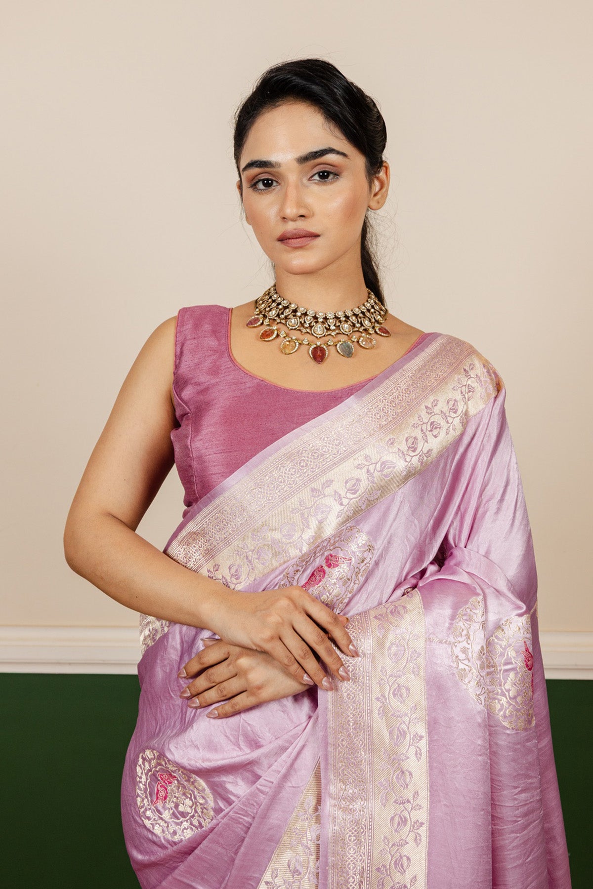 Rose Pink Meenakari Mashru Silk Banarasi Handloom Saree