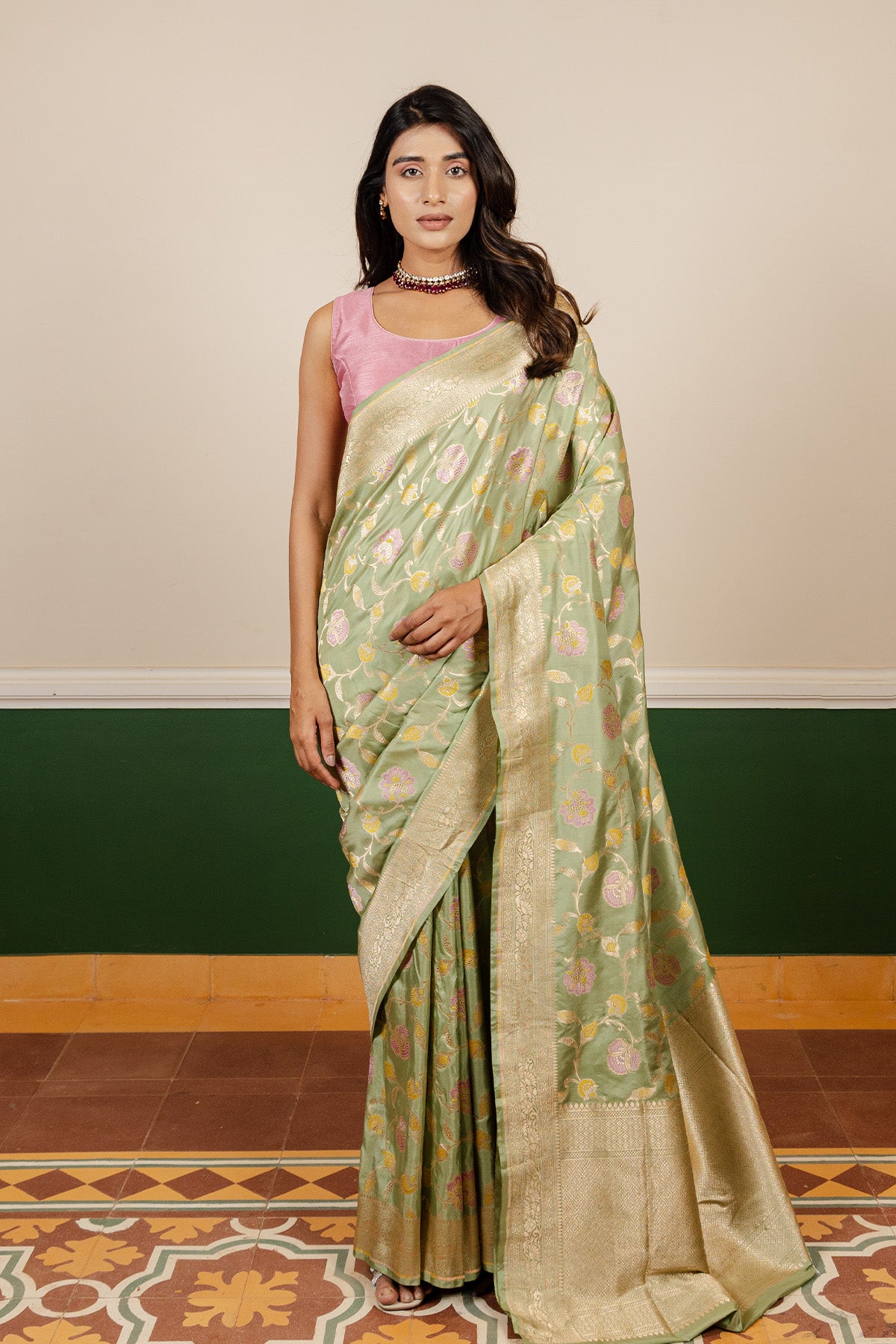 Mint Green Meena Booti Katan Silk Banarasi Handloom Saree