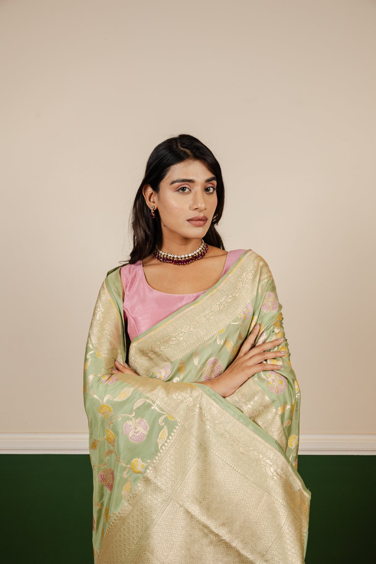 Mint Green Meena Booti Katan Silk Banarasi Handloom Saree