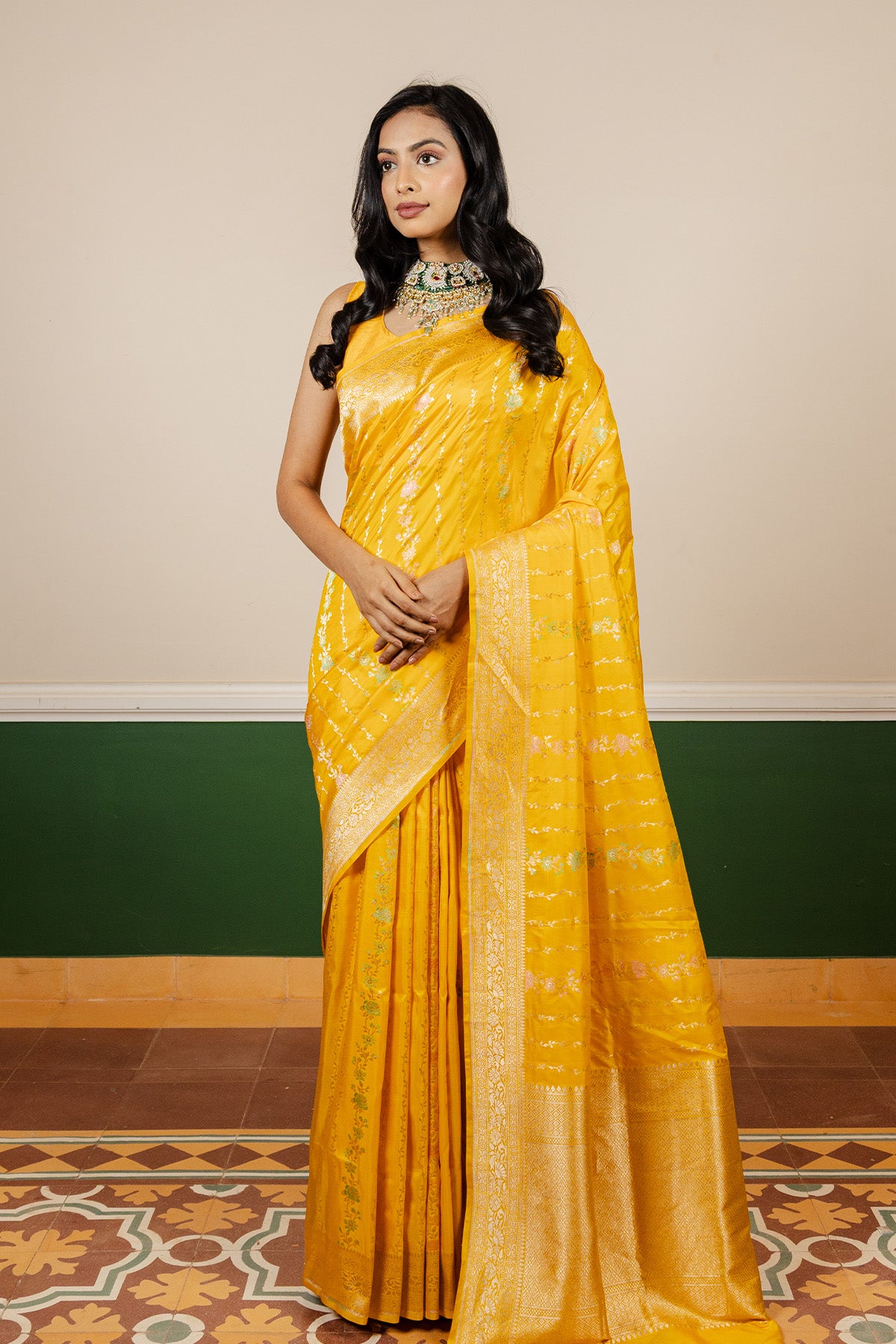 Yellow Meena Booti Katan Silk Banarasi Handloom Saree