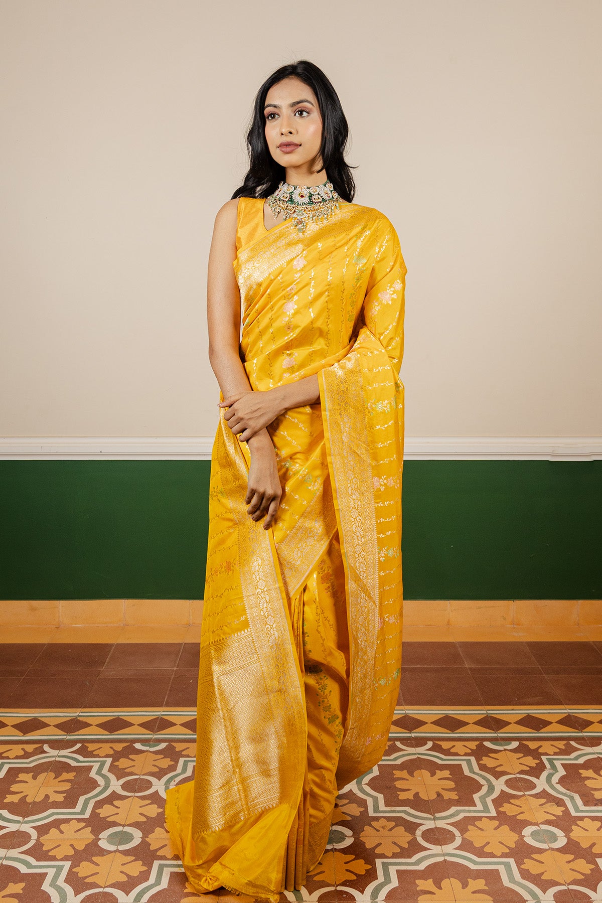 Yellow Meena Booti Katan Silk Banarasi Handloom Saree