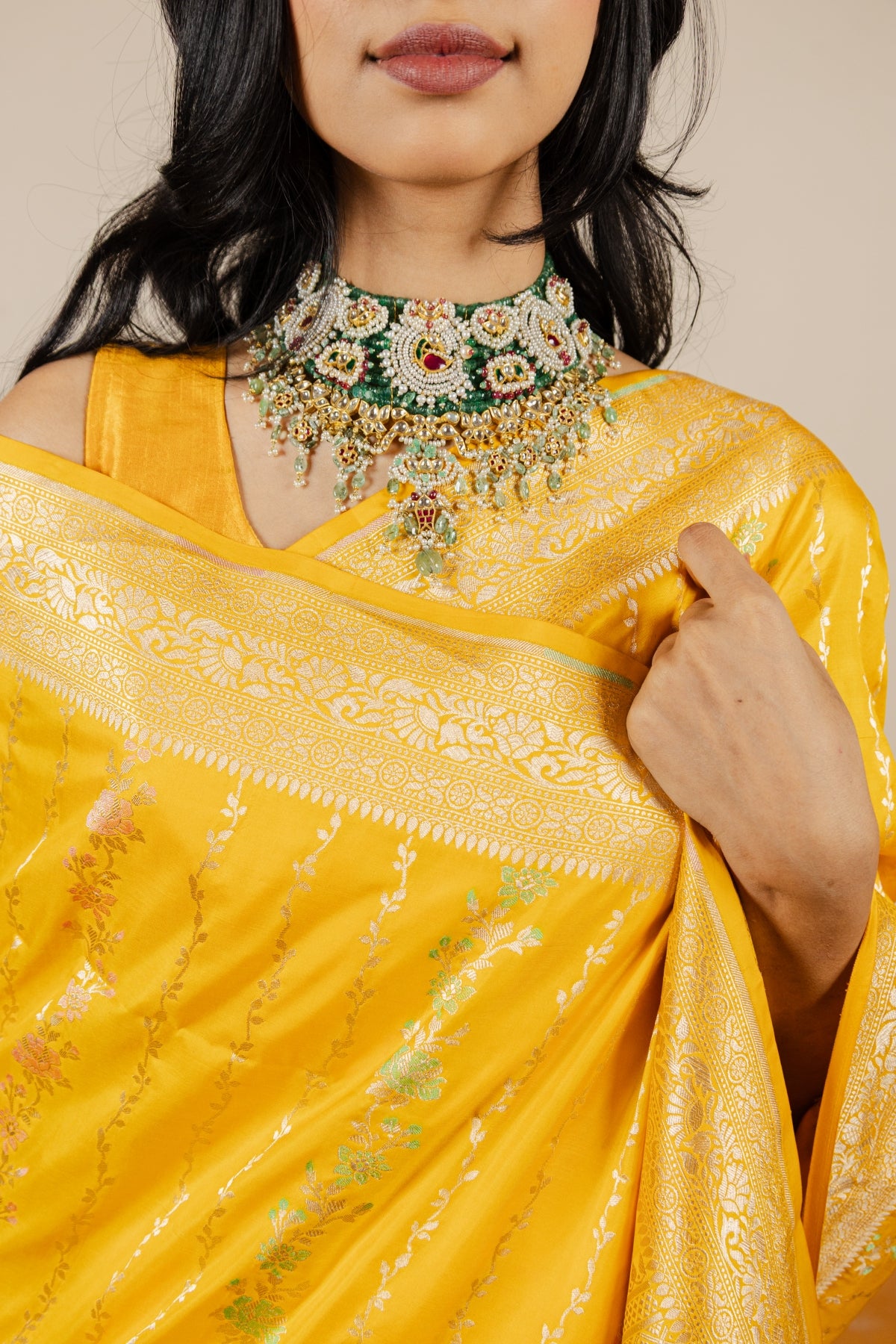 Yellow Meena Booti Katan Silk Banarasi Handloom Saree