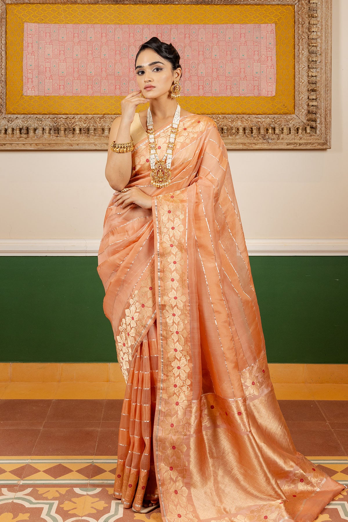 Peach Organza Meenakari Stripe Banarasi Handloom Saree