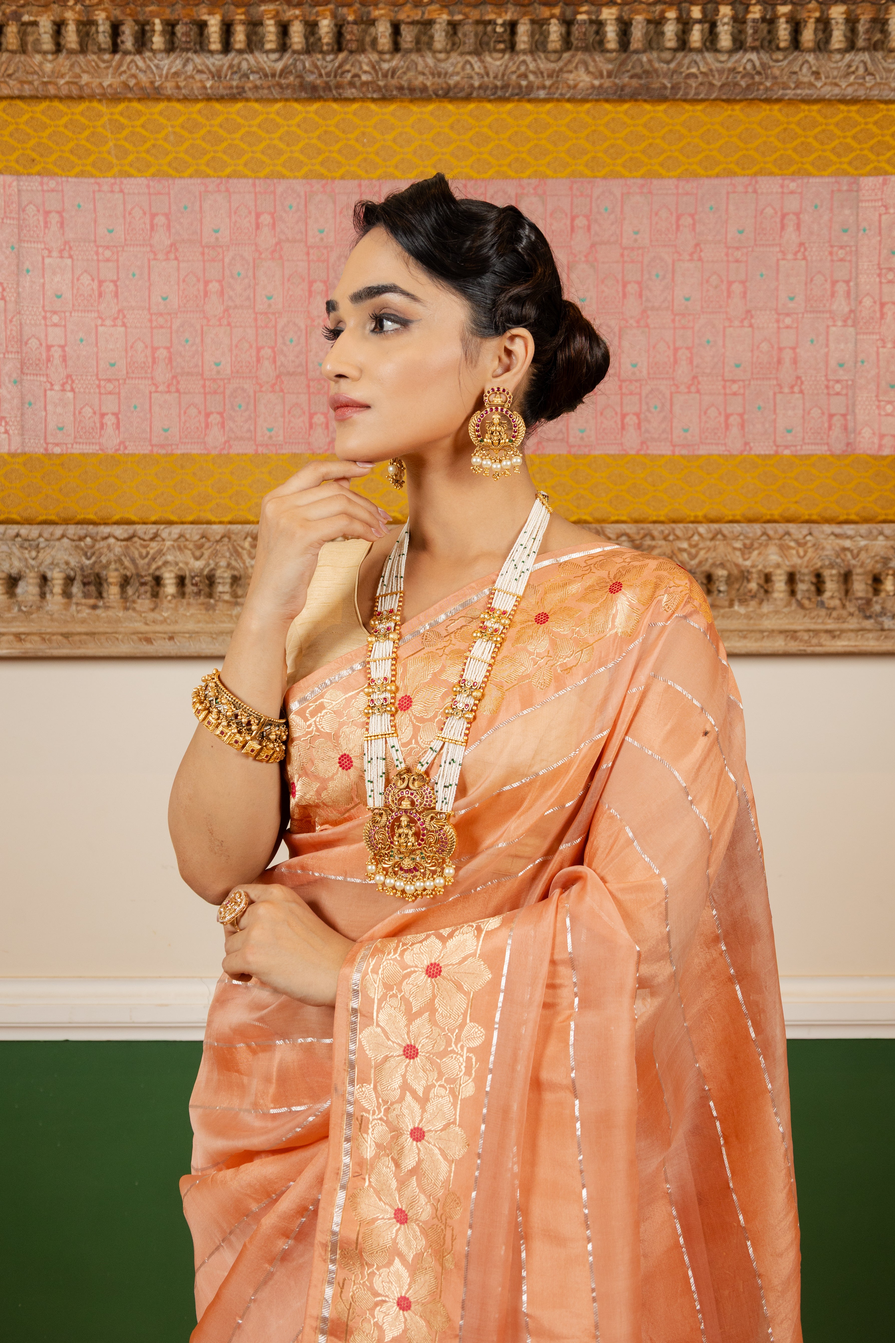 Peach Organza Meenakari Stripe Banarasi Handloom Saree