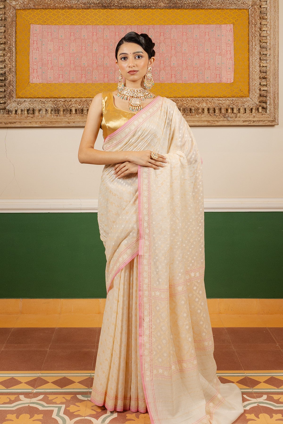 White Jaal Pure Cotton Katan Silk Banarasi Handloom Saree