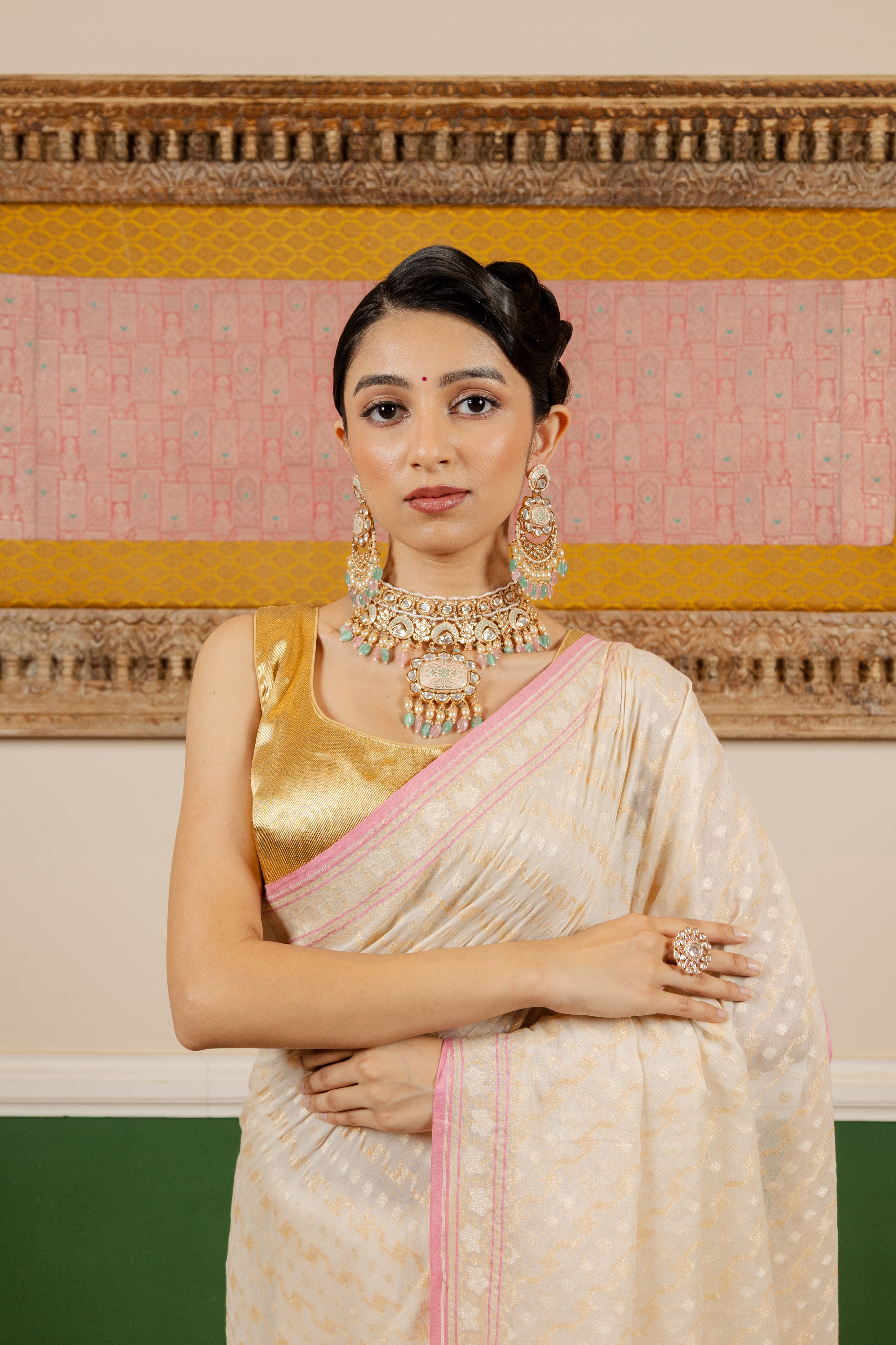 White Jaal Pure Cotton Katan Silk Banarasi Handloom Saree