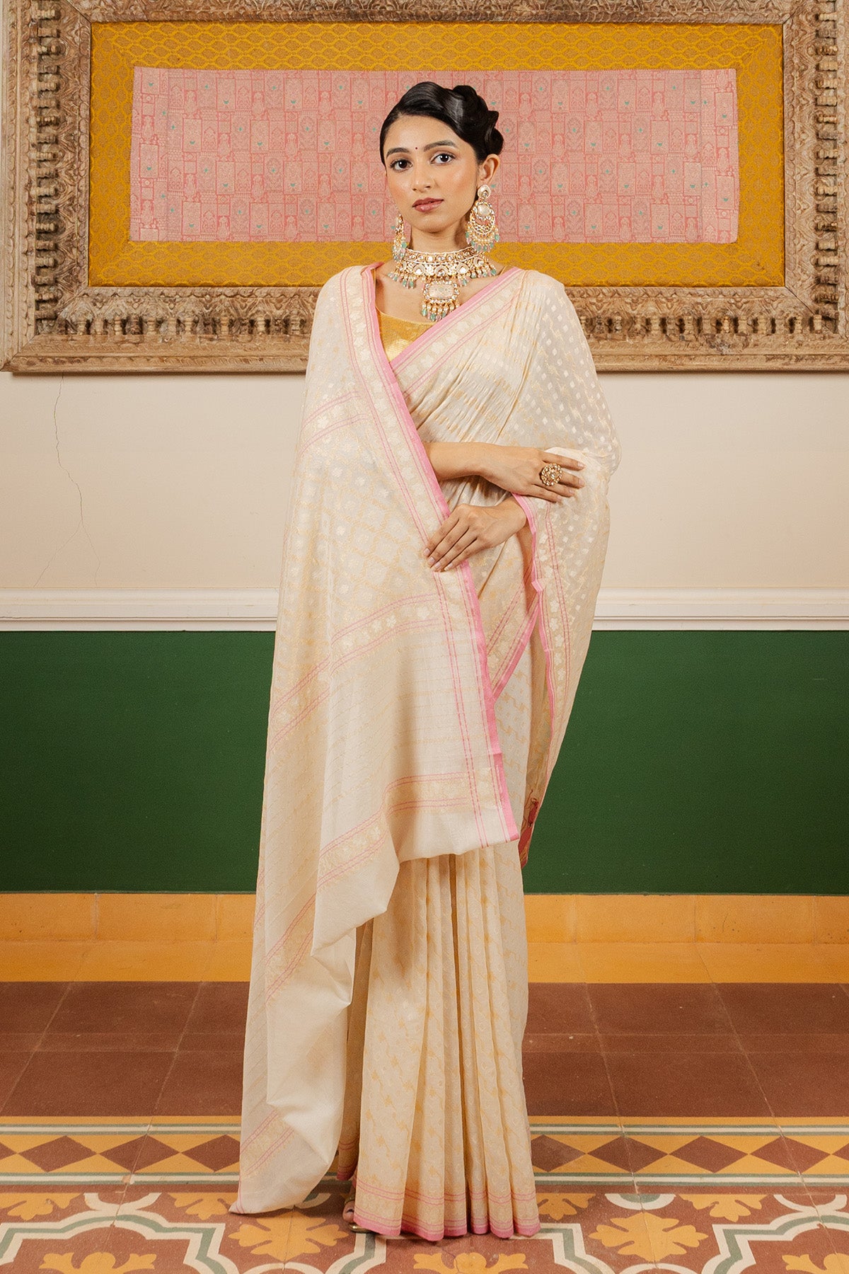 White Jaal Pure Cotton Katan Silk Banarasi Handloom Saree