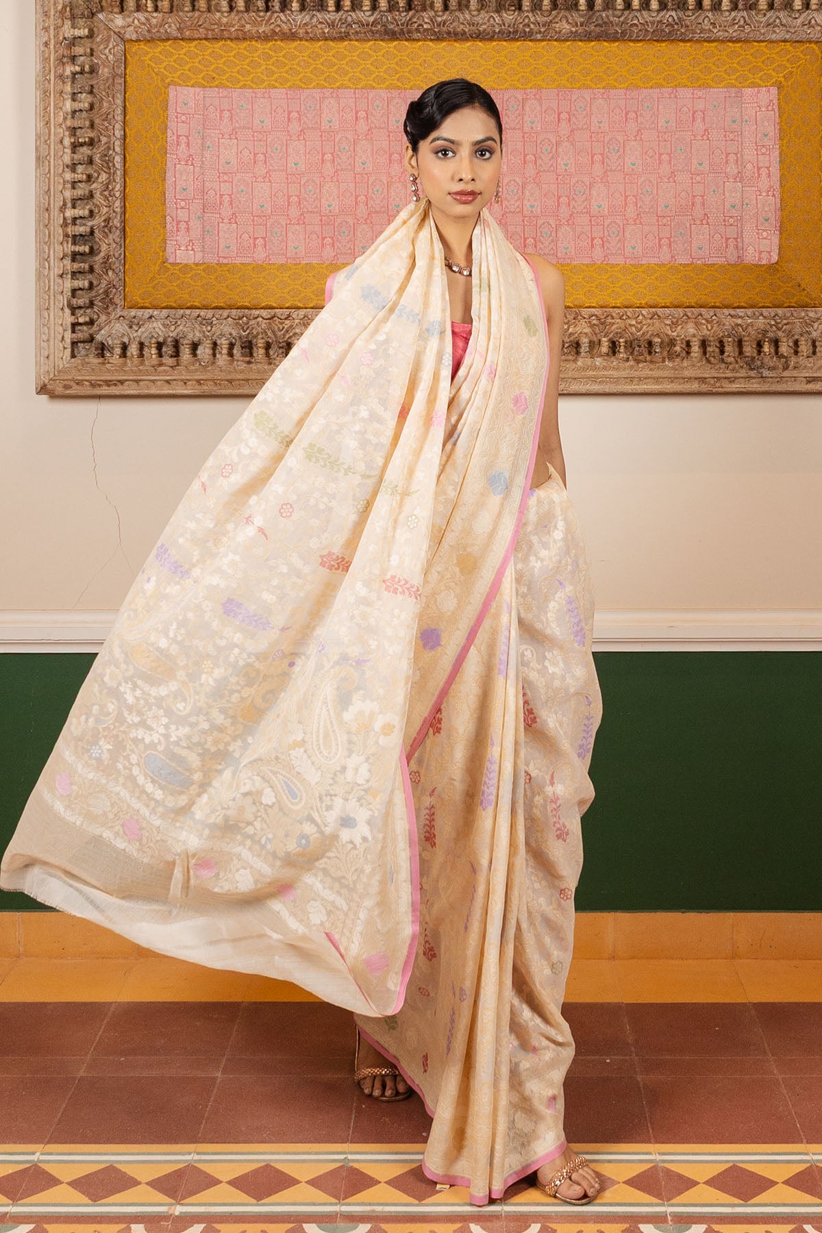 Ivory Multi Jaal Pure Cotton Katan Silk Banarasi Handloom Saree