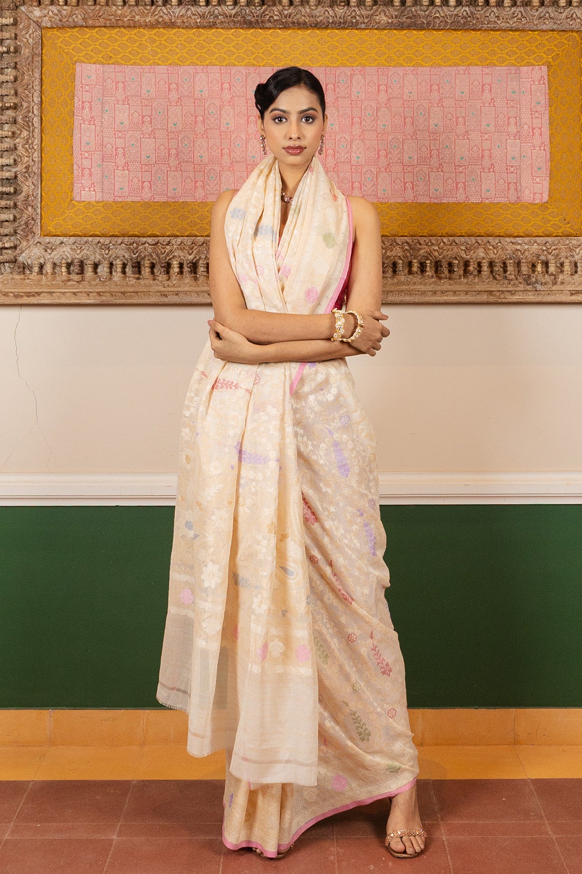 Ivory Multi Jaal Pure Cotton Katan Silk Banarasi Handloom Saree