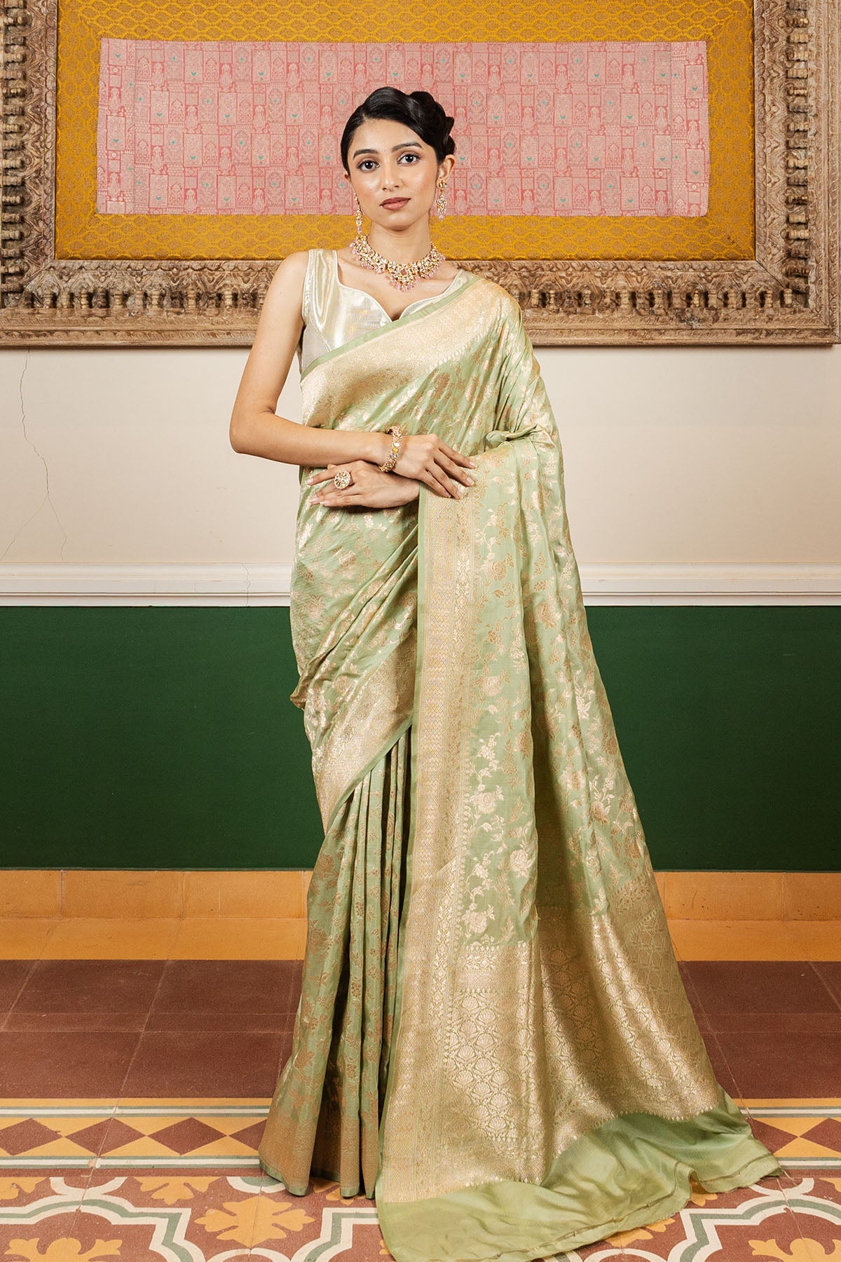 Mint Green Jaal Upadda Silk Banarasi Handloom Saree