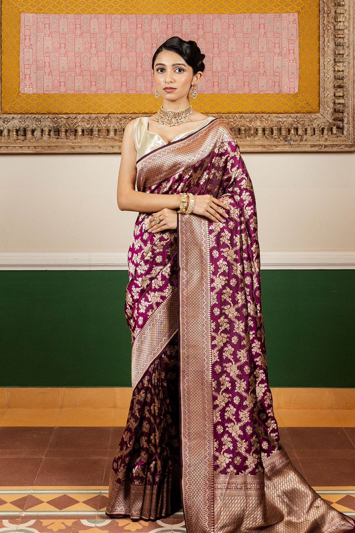 Violet Line Jaal Upadda Silk Banarasi Handloom Saree