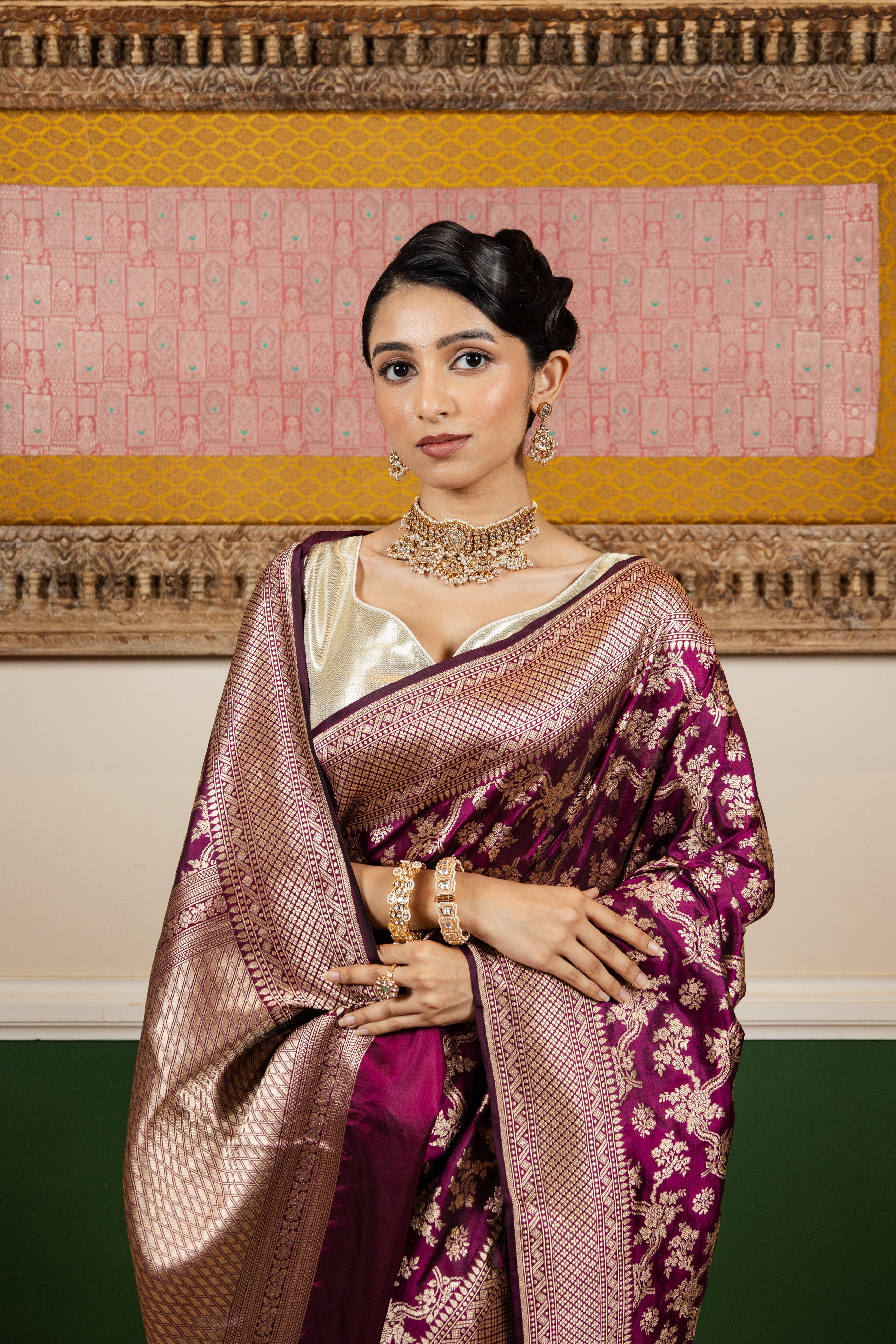 Violet Line Jaal Upadda Silk Banarasi Handloom Saree