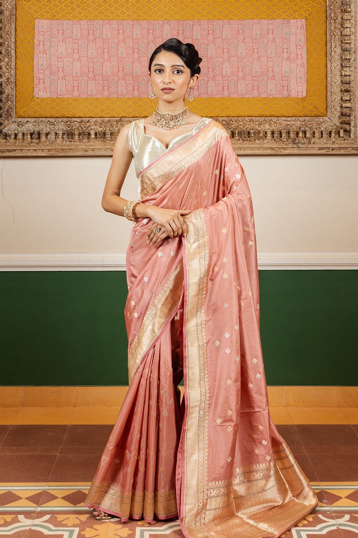 Peach Sonarupa Booti Katan Silk Banarasi Handloom Saree