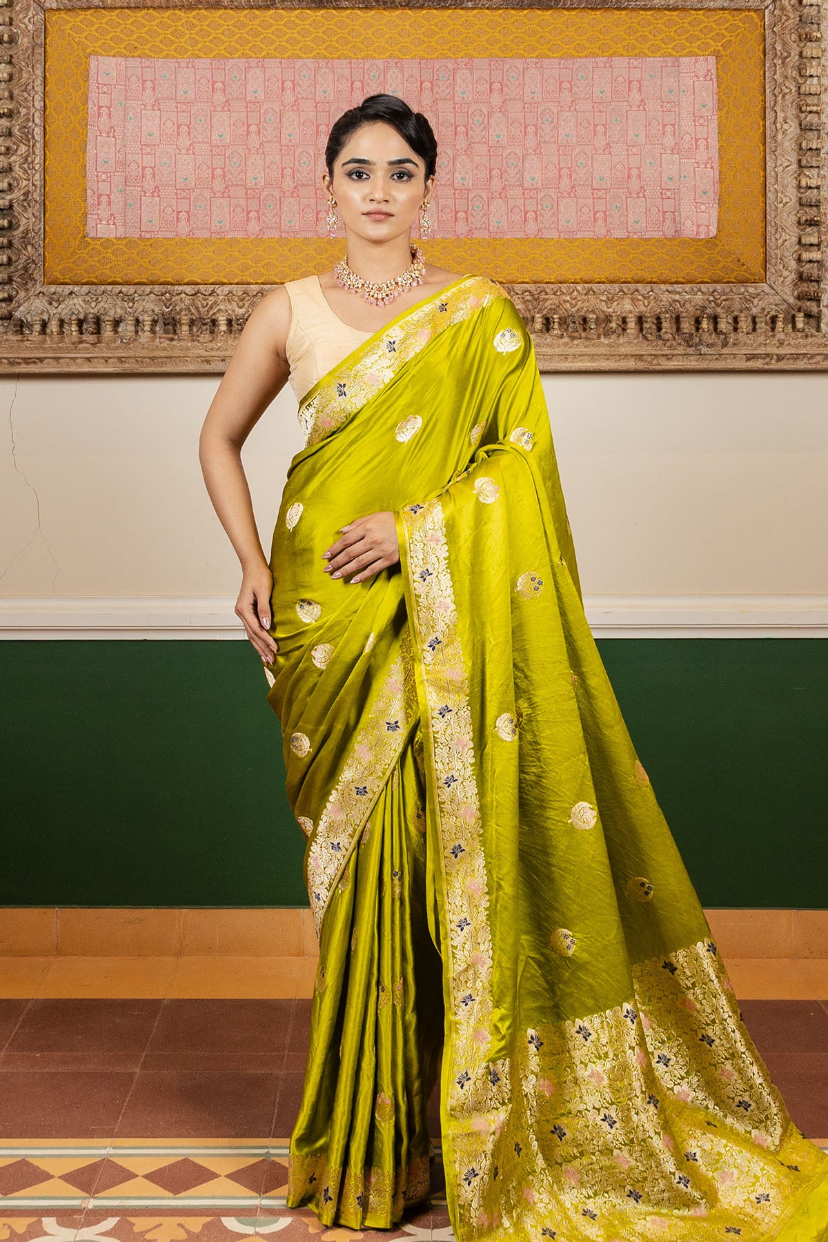 Lime Green Meenakari Mashru Silk Banarasi Handloom Saree