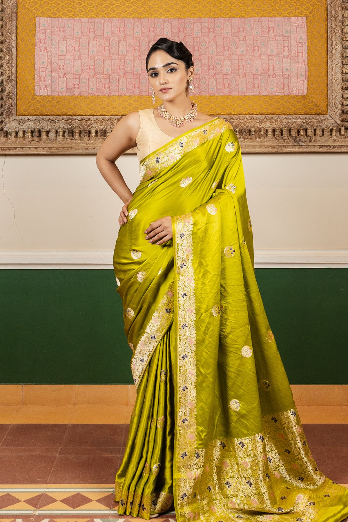 Lime Green Meenakari Mashru Silk Banarasi Handloom Saree