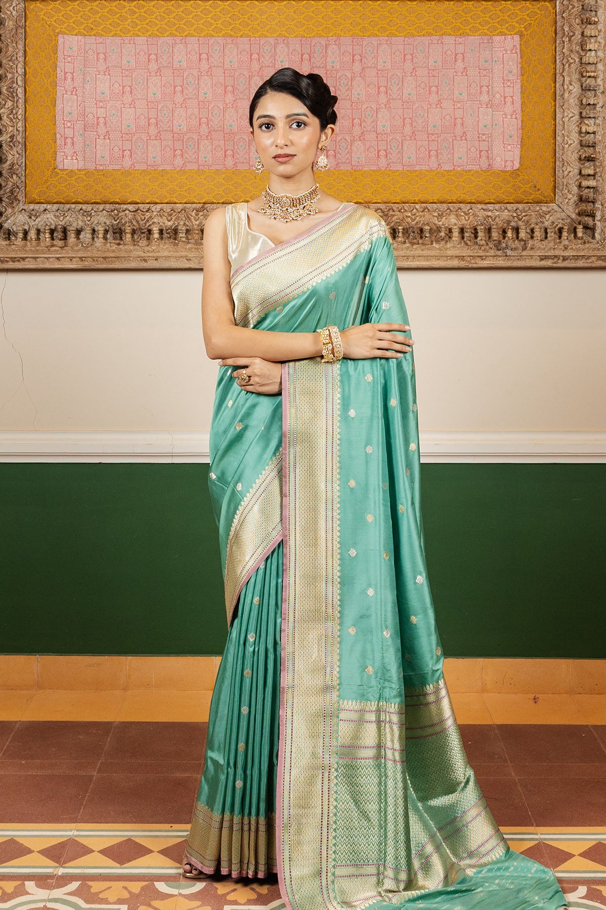 Sea Green Sonarupa Booti Katan Silk Banarasi Handloom Saree