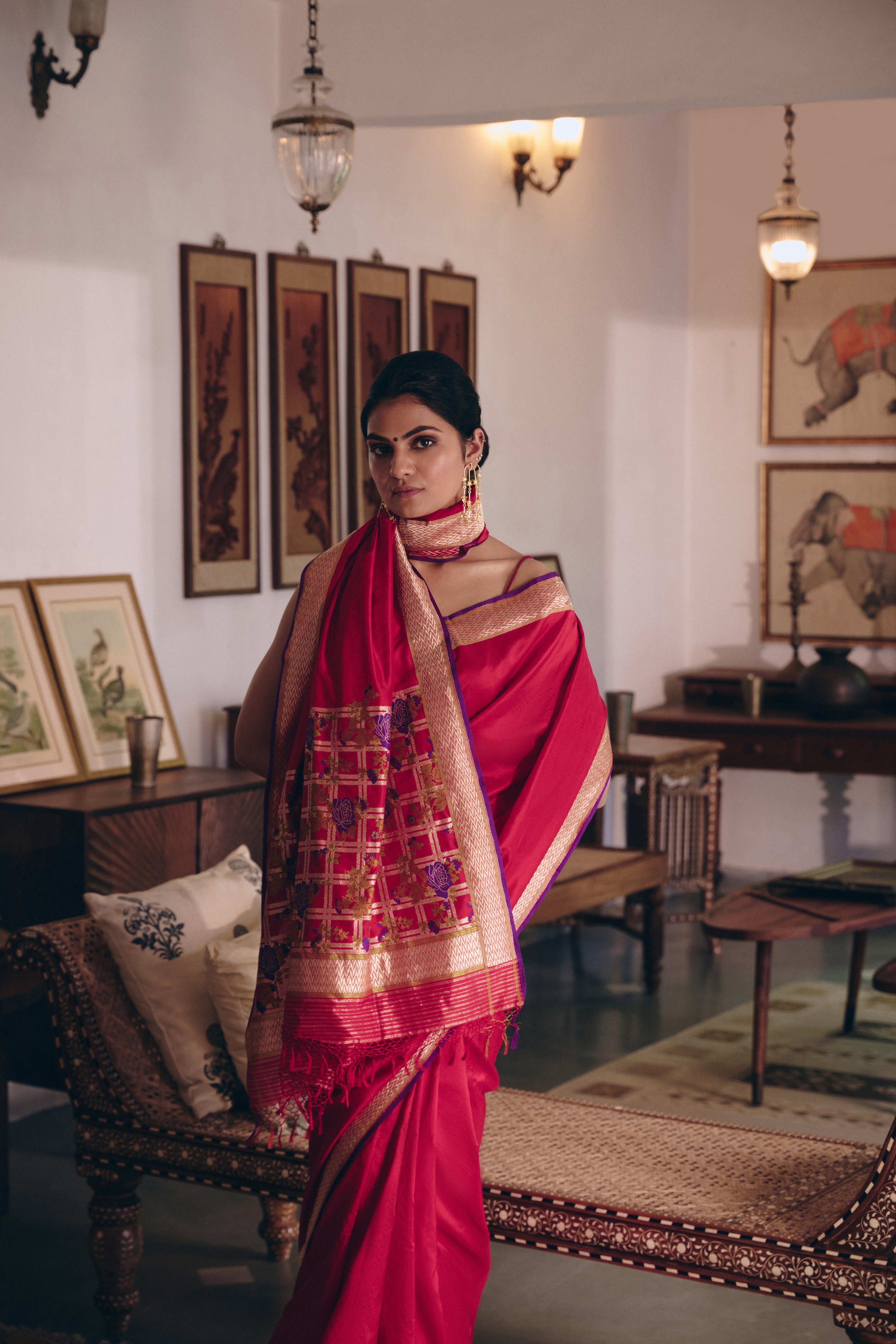 Red Rose Jaal Aachal Katan Silk Saree