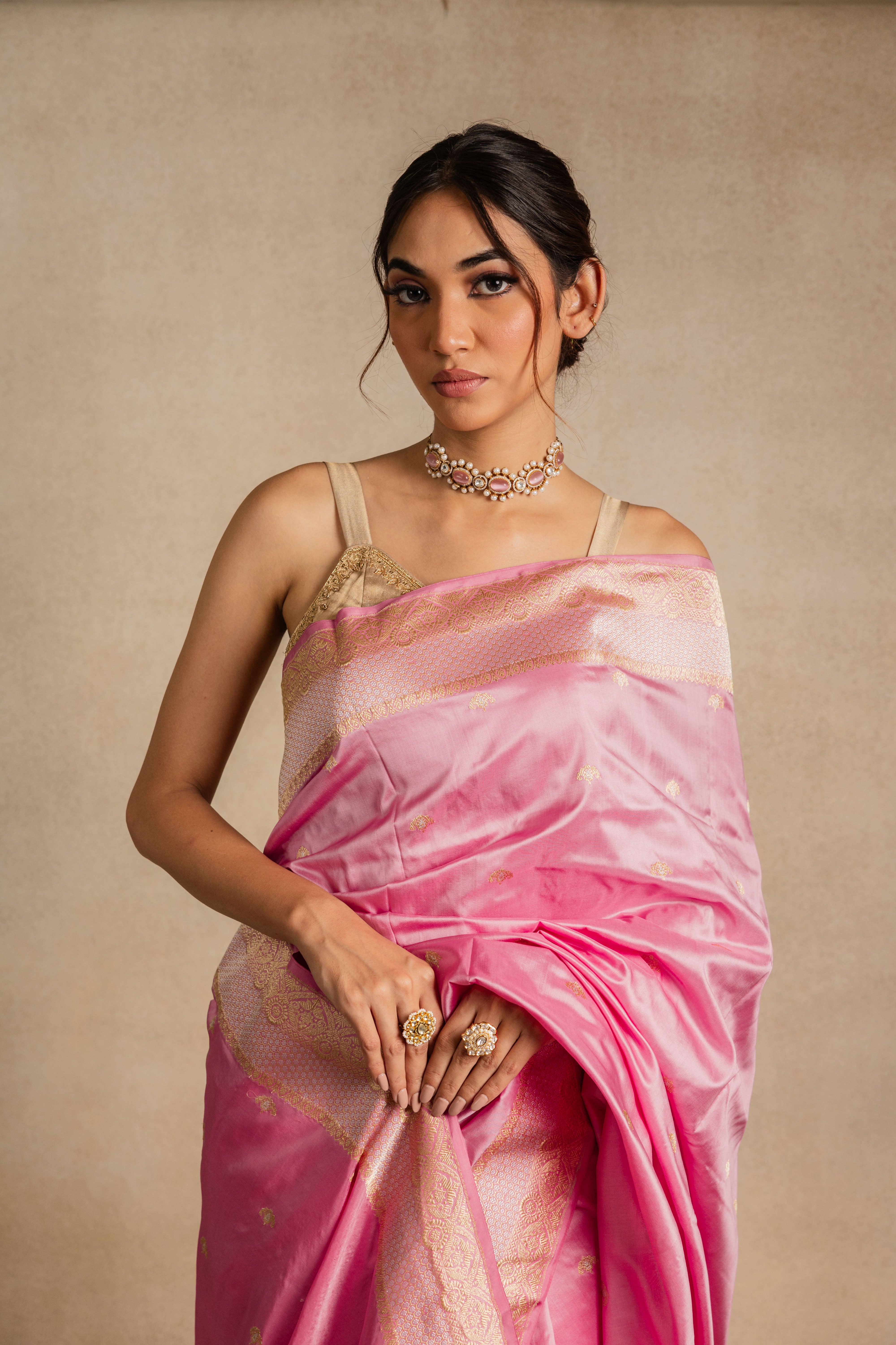 Pink Booti Katan Silk Saree