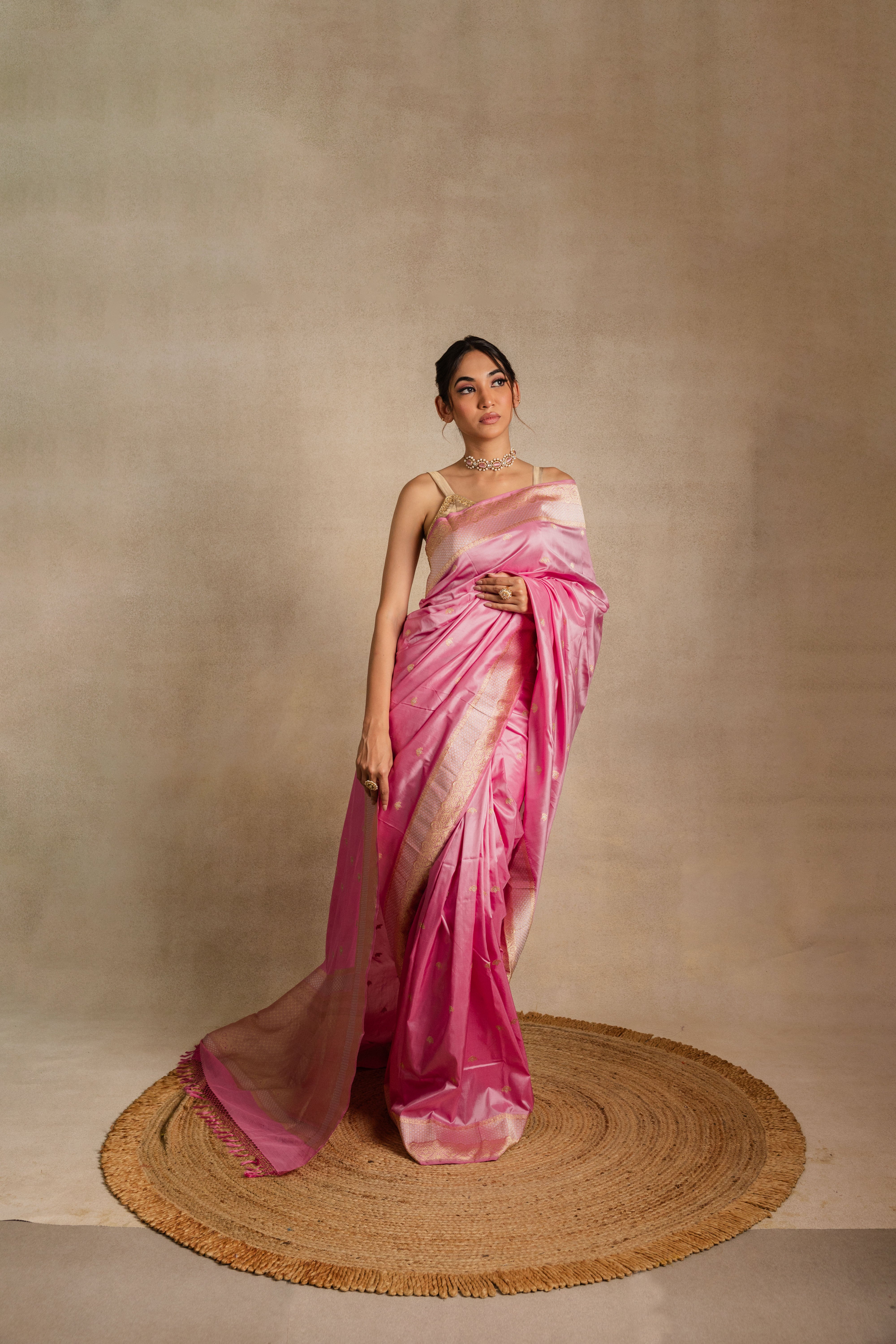 Pink Booti Katan Silk Saree