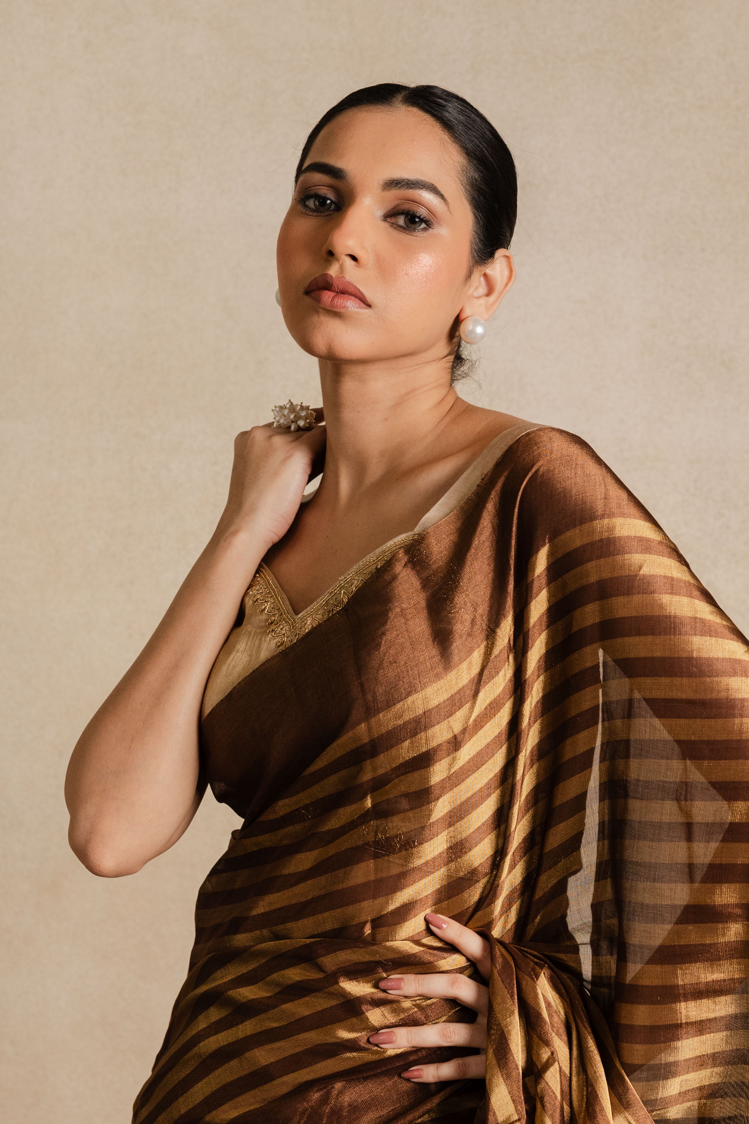 Brown Stripe Chanderi Silk Saree