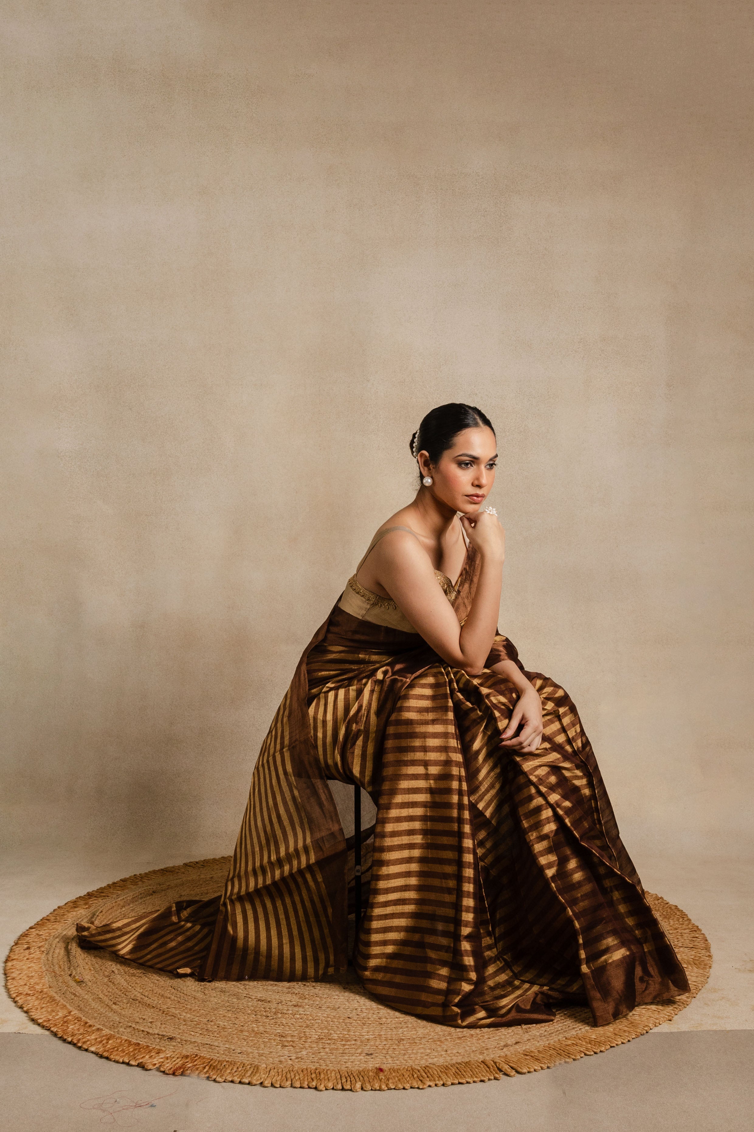 Brown Stripe Chanderi Silk Saree