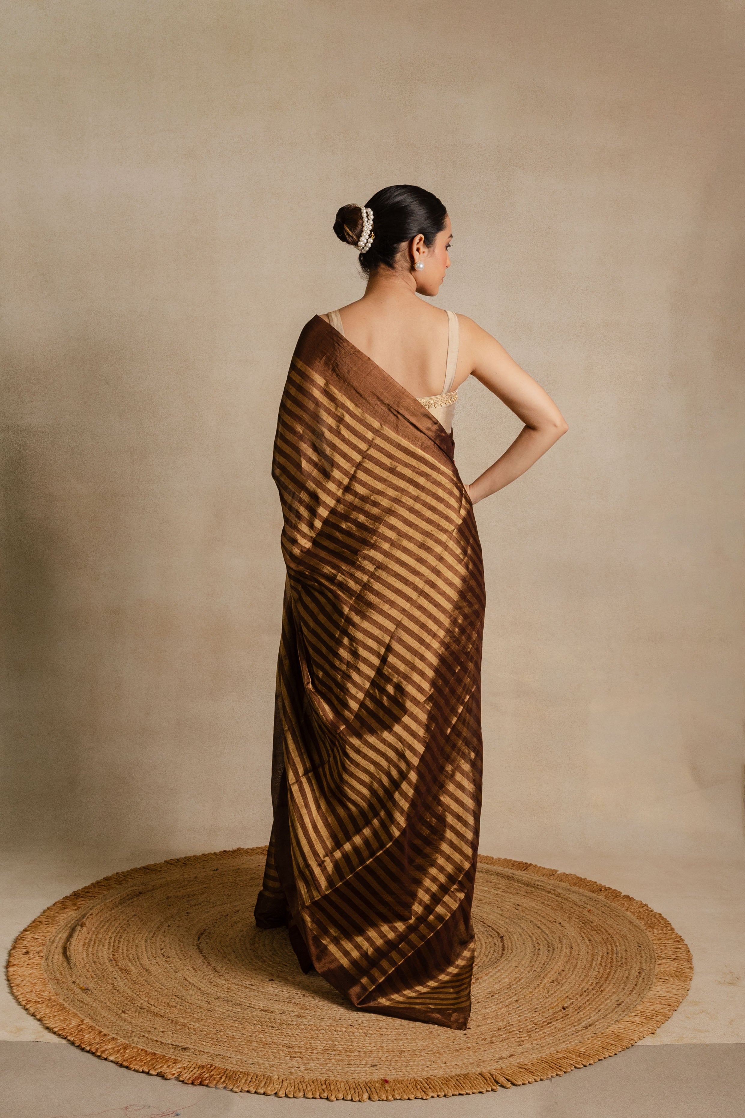 Brown Stripe Chanderi Silk Saree
