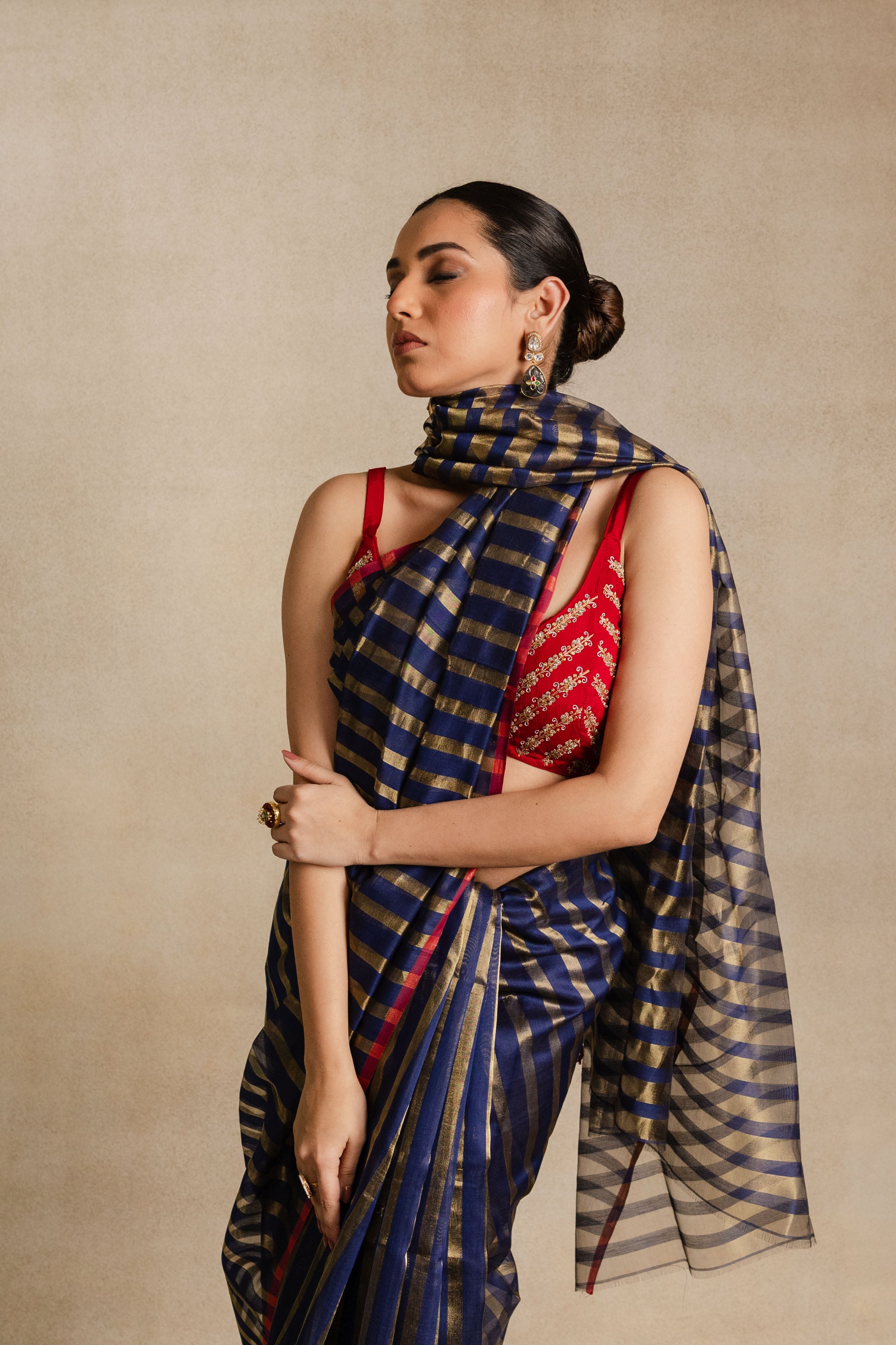 Blue Gold Stripe Tissue Silk Saree