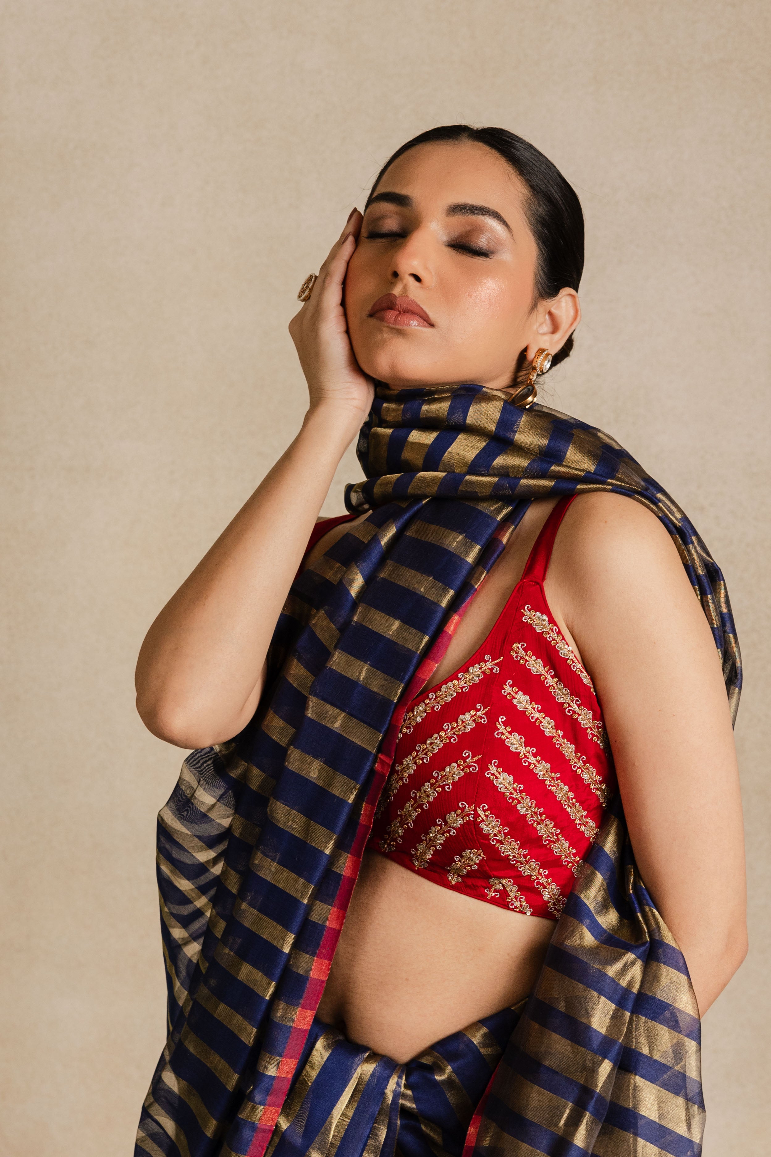 Blue Gold Stripe Tissue Silk Saree