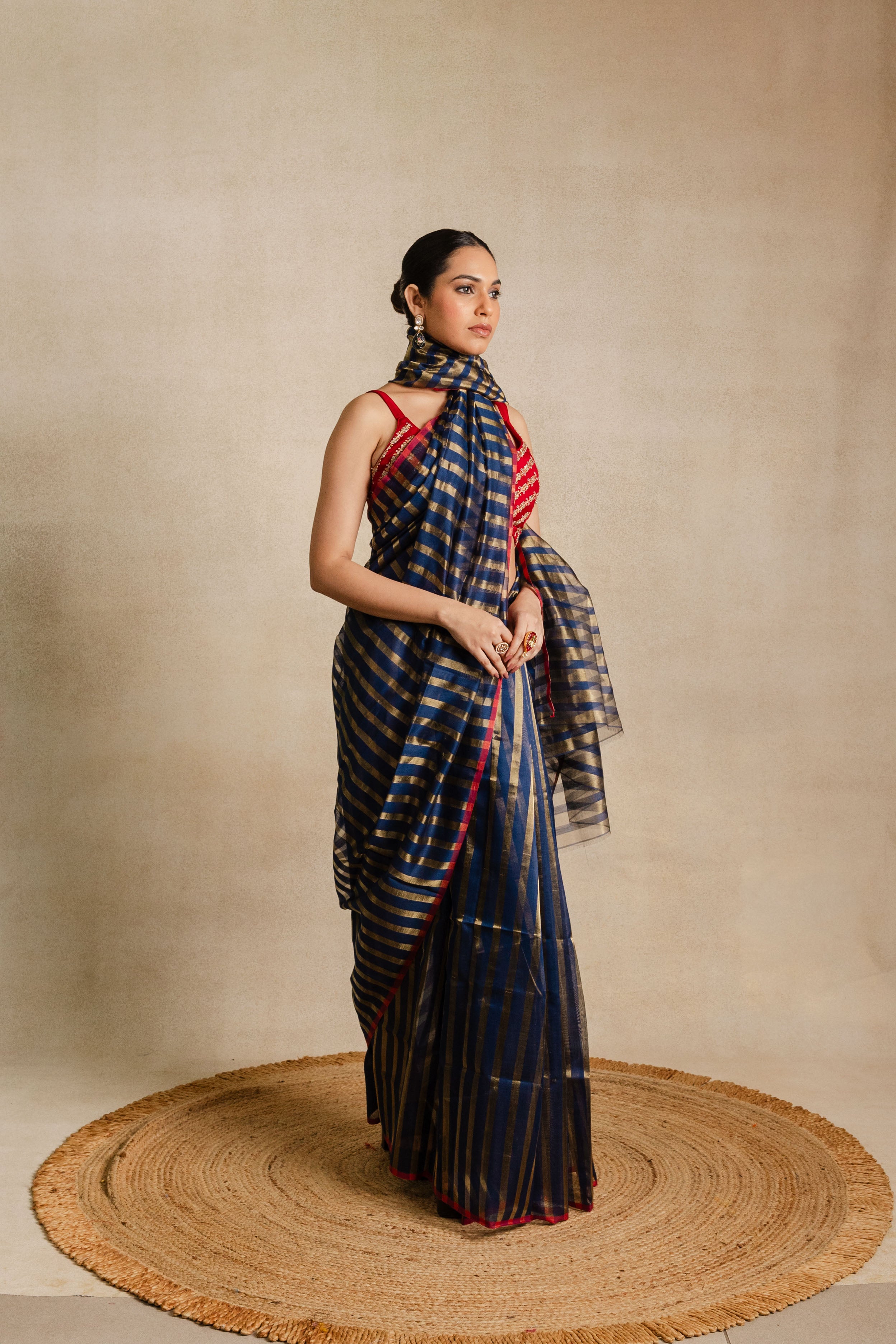 Blue Gold Stripe Tissue Silk Saree
