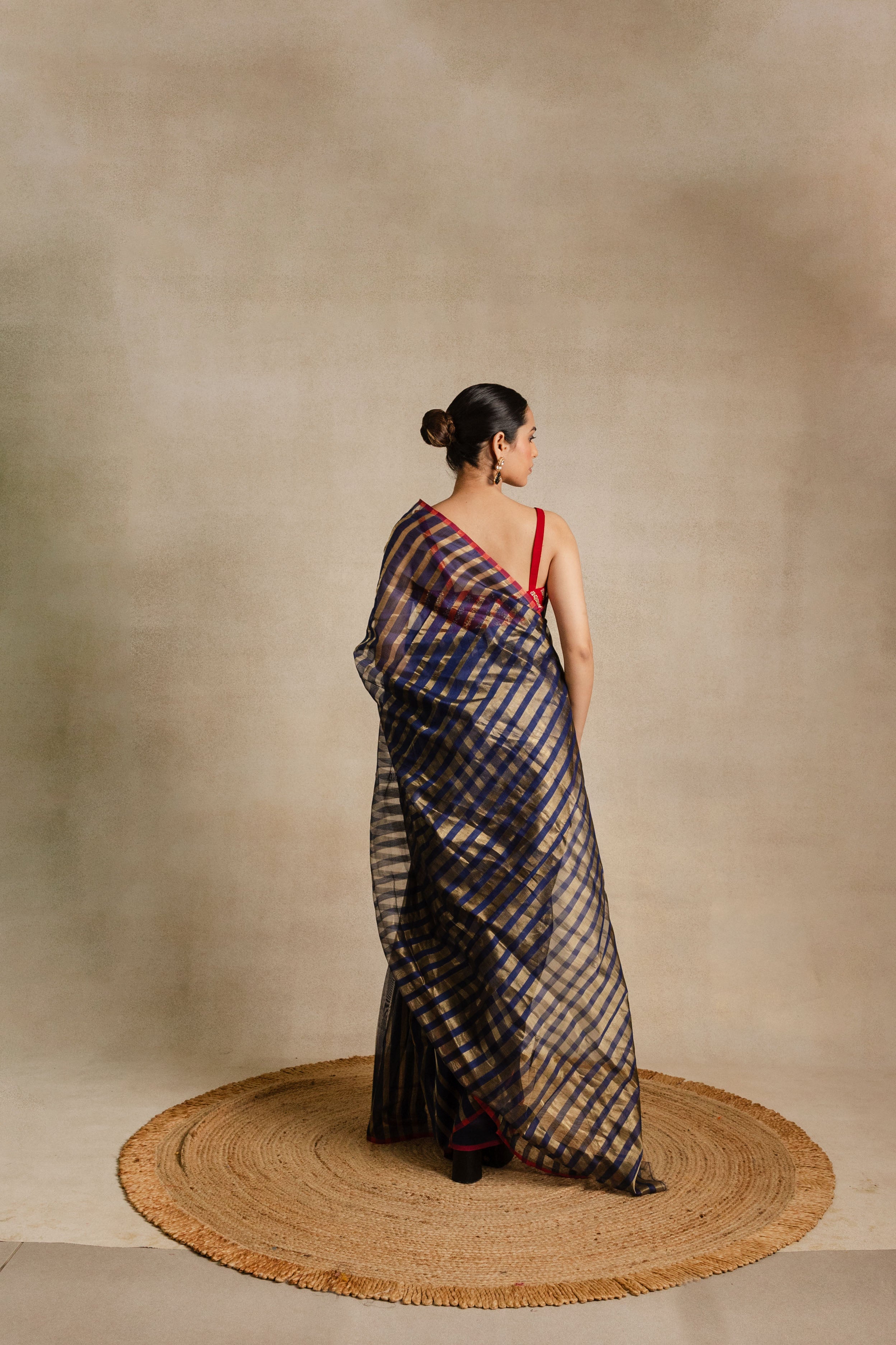 Blue Gold Stripe Tissue Silk Saree