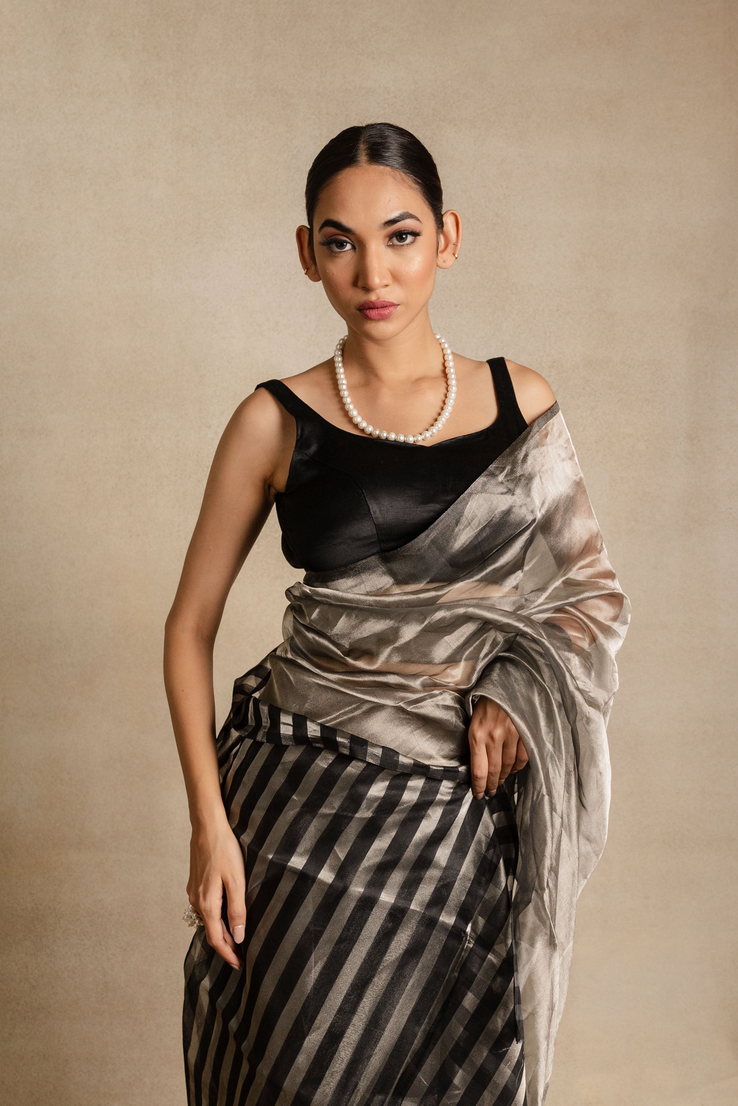Silver Black Stripe Tissue Silk Saree