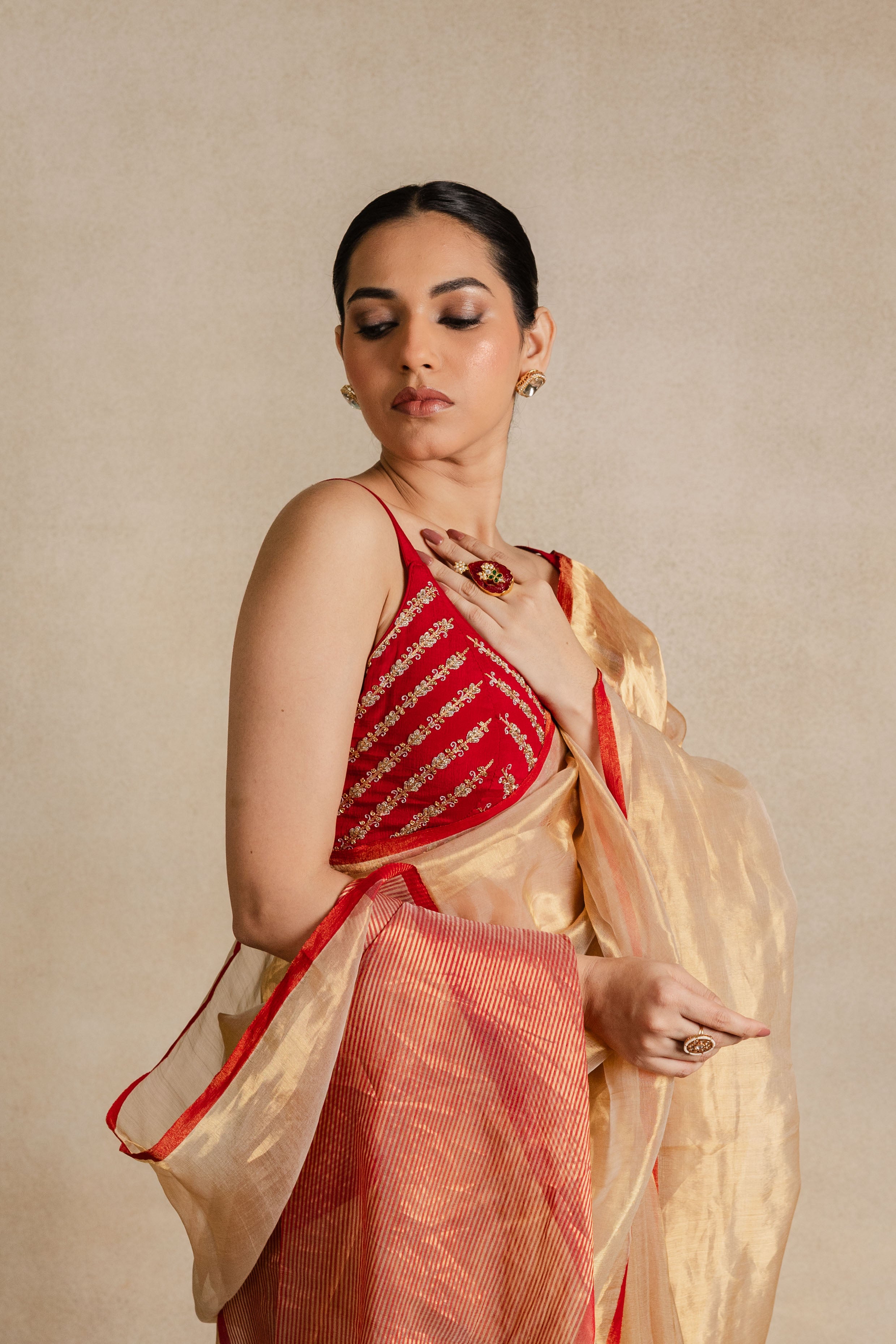 Beige Chanderi Tissue Silk Saree