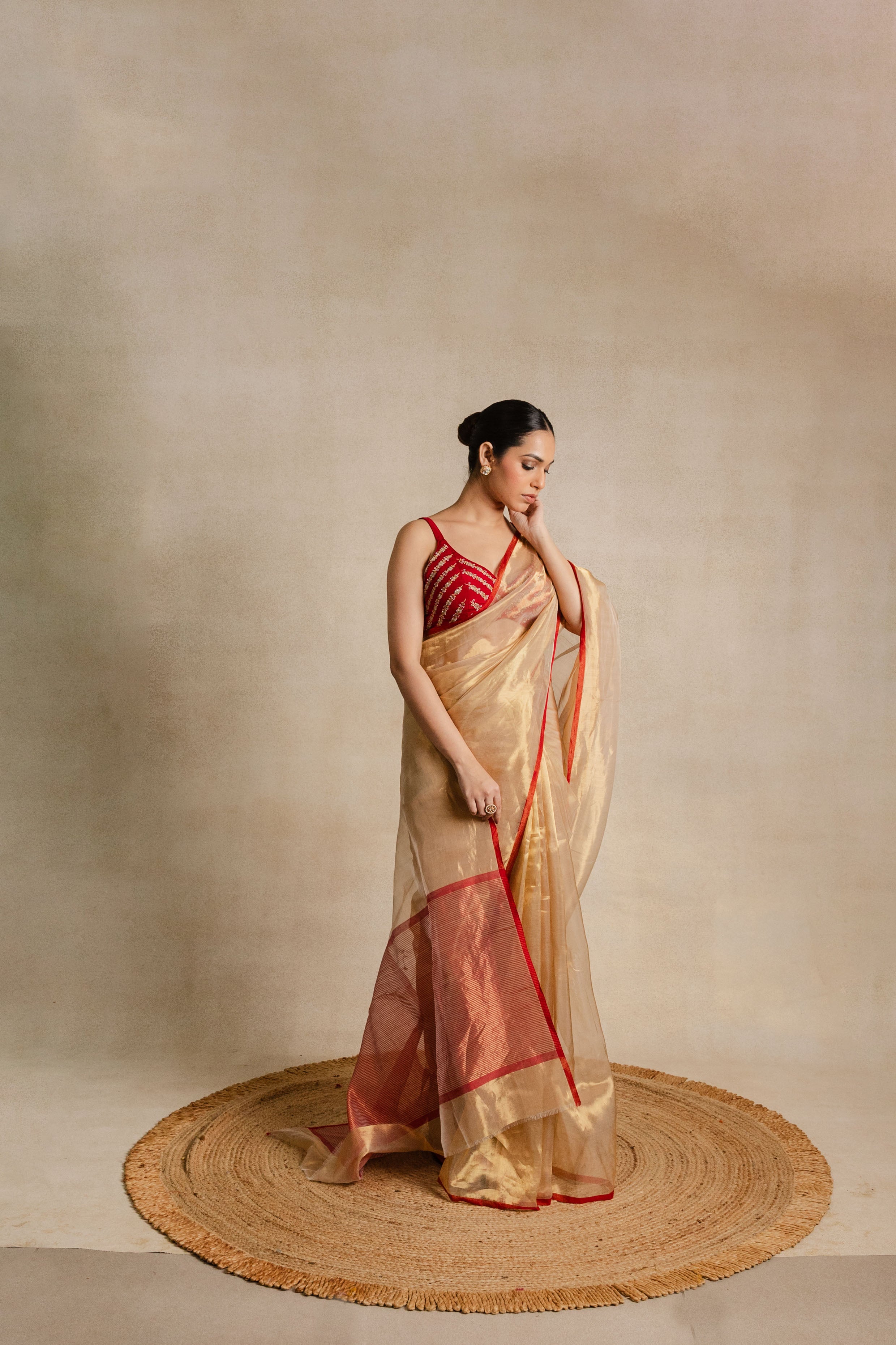 Beige Chanderi Tissue Silk Saree