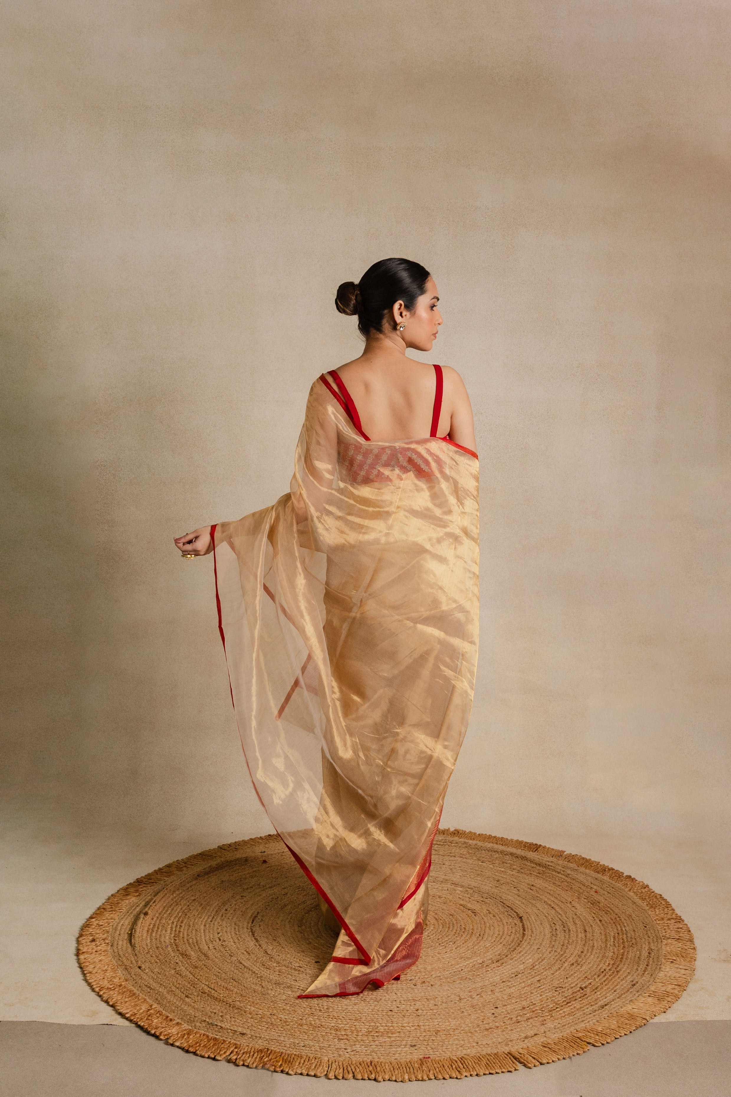 Beige Chanderi Tissue Silk Saree