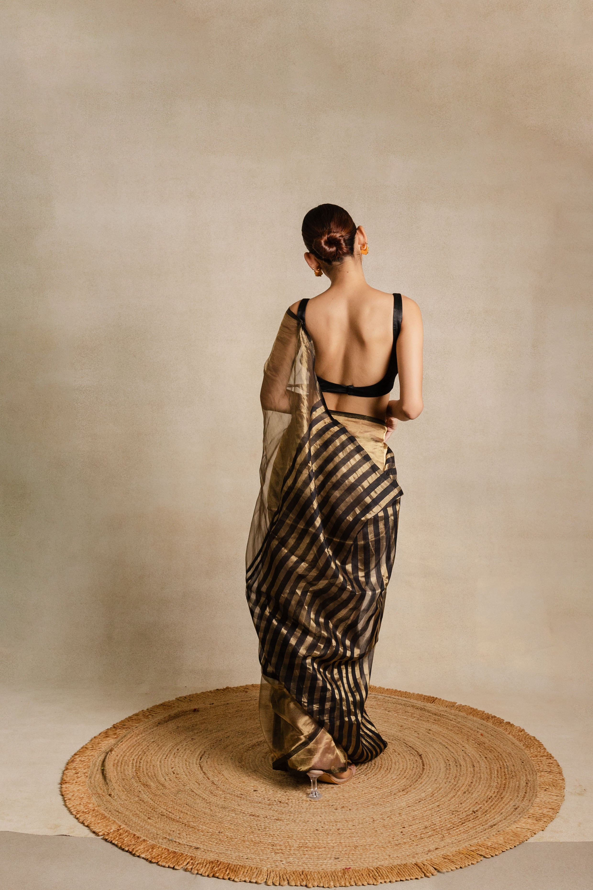 Gold Black Stripe Tissue Silk Saree