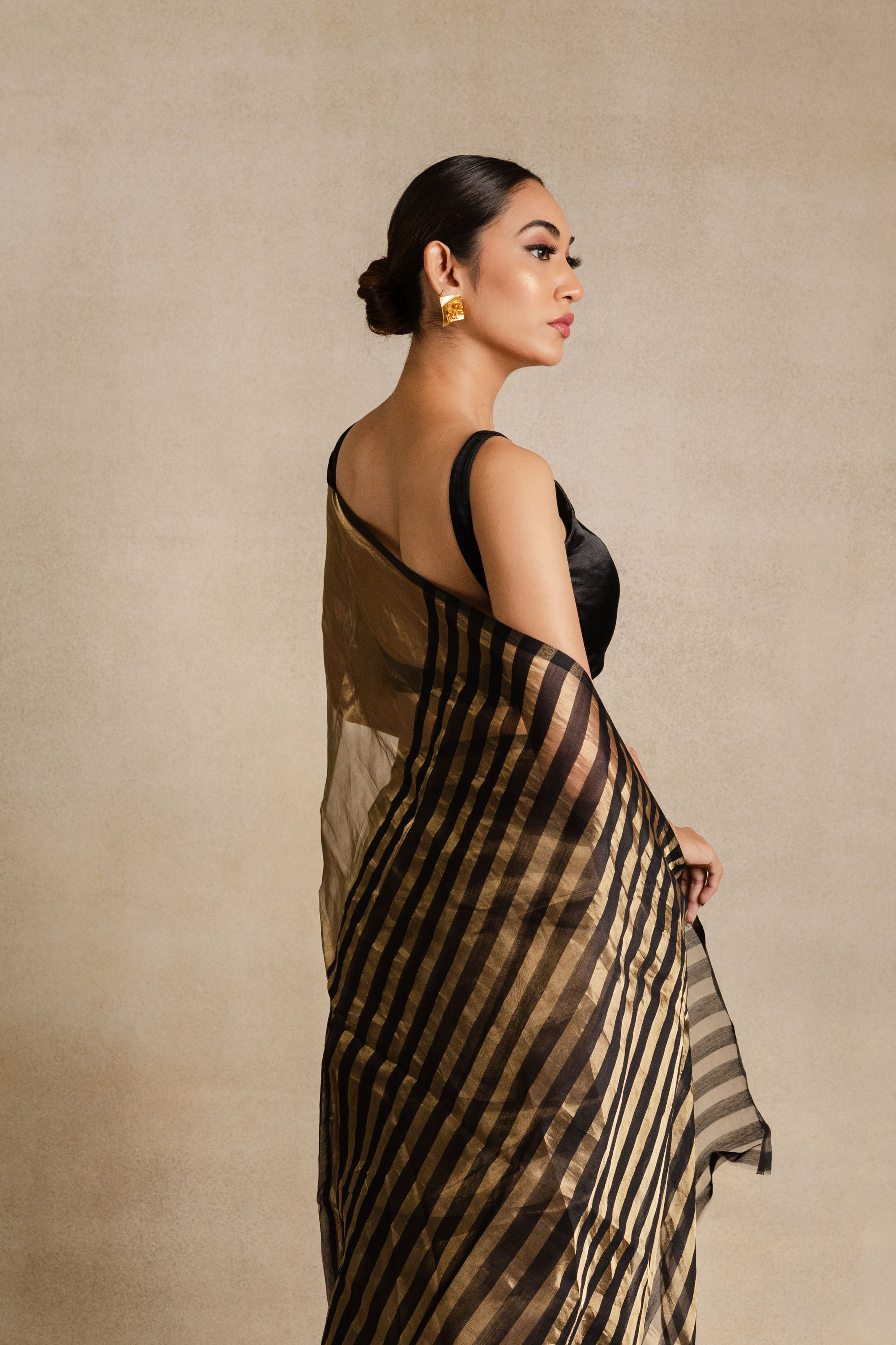 Gold Black Stripe Tissue Silk Saree