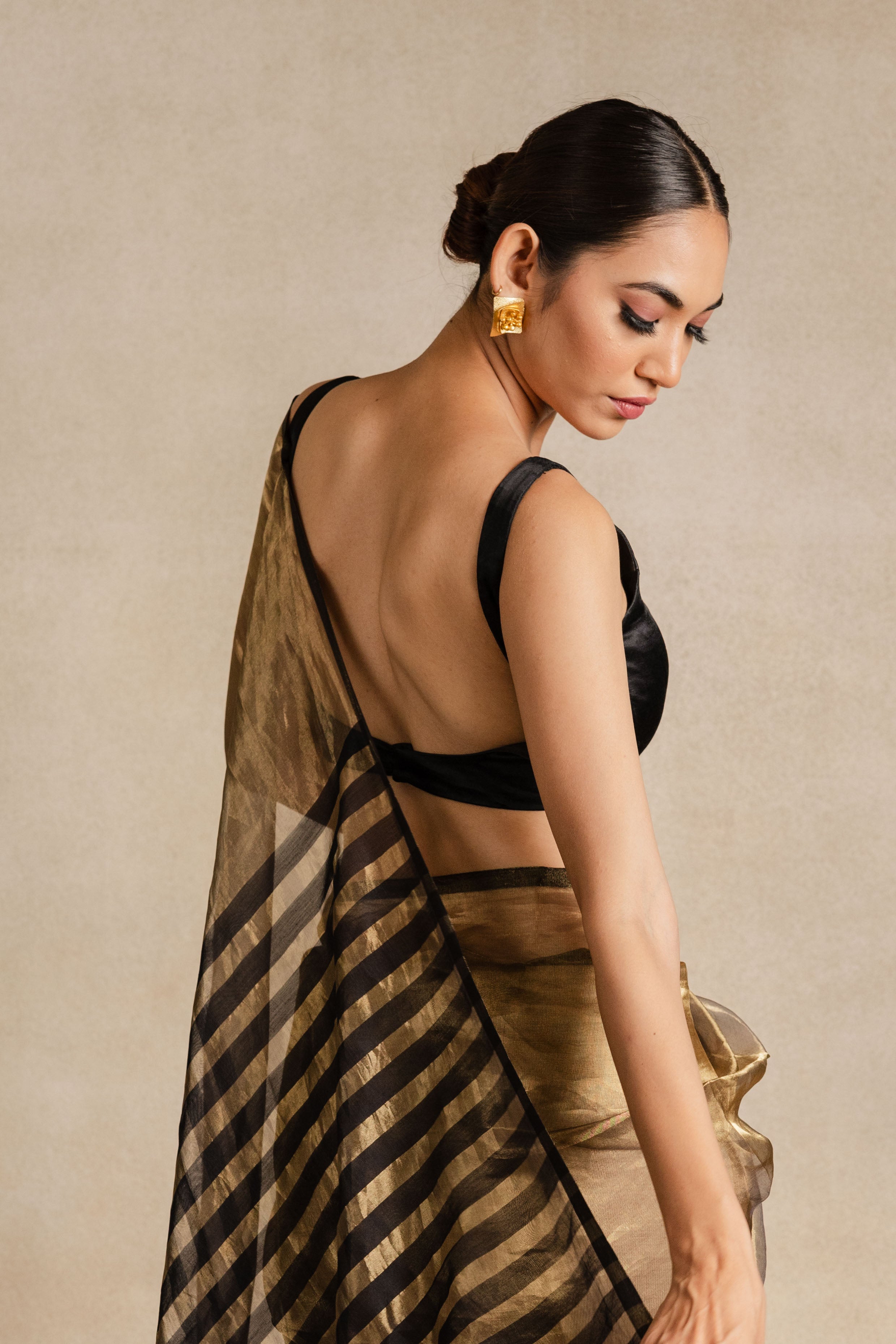 Gold Black Stripe Tissue Silk Saree