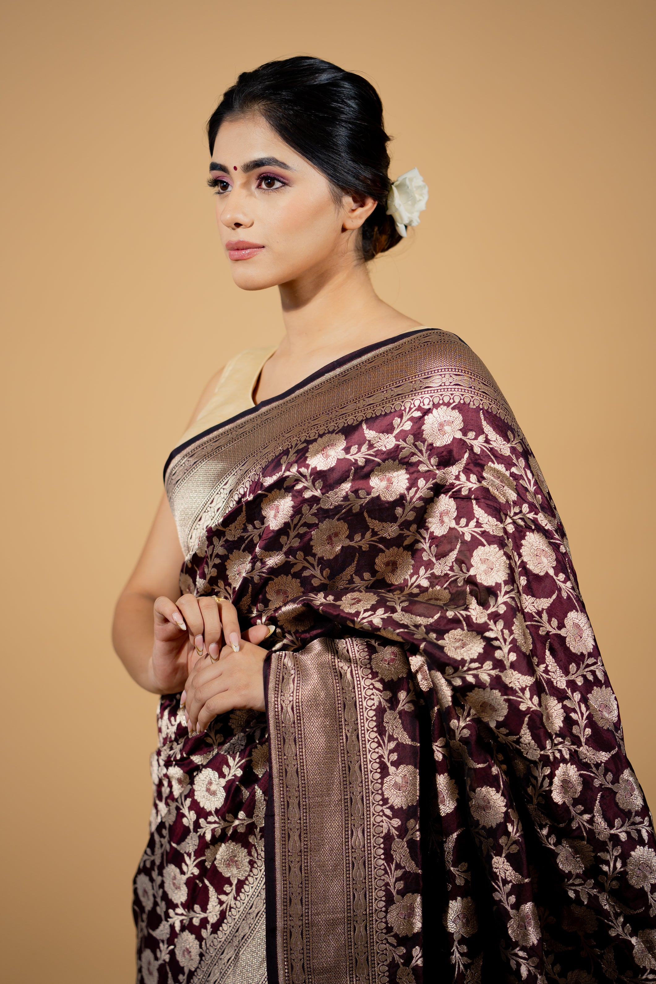 Brown Katan Silk Jaal Saree