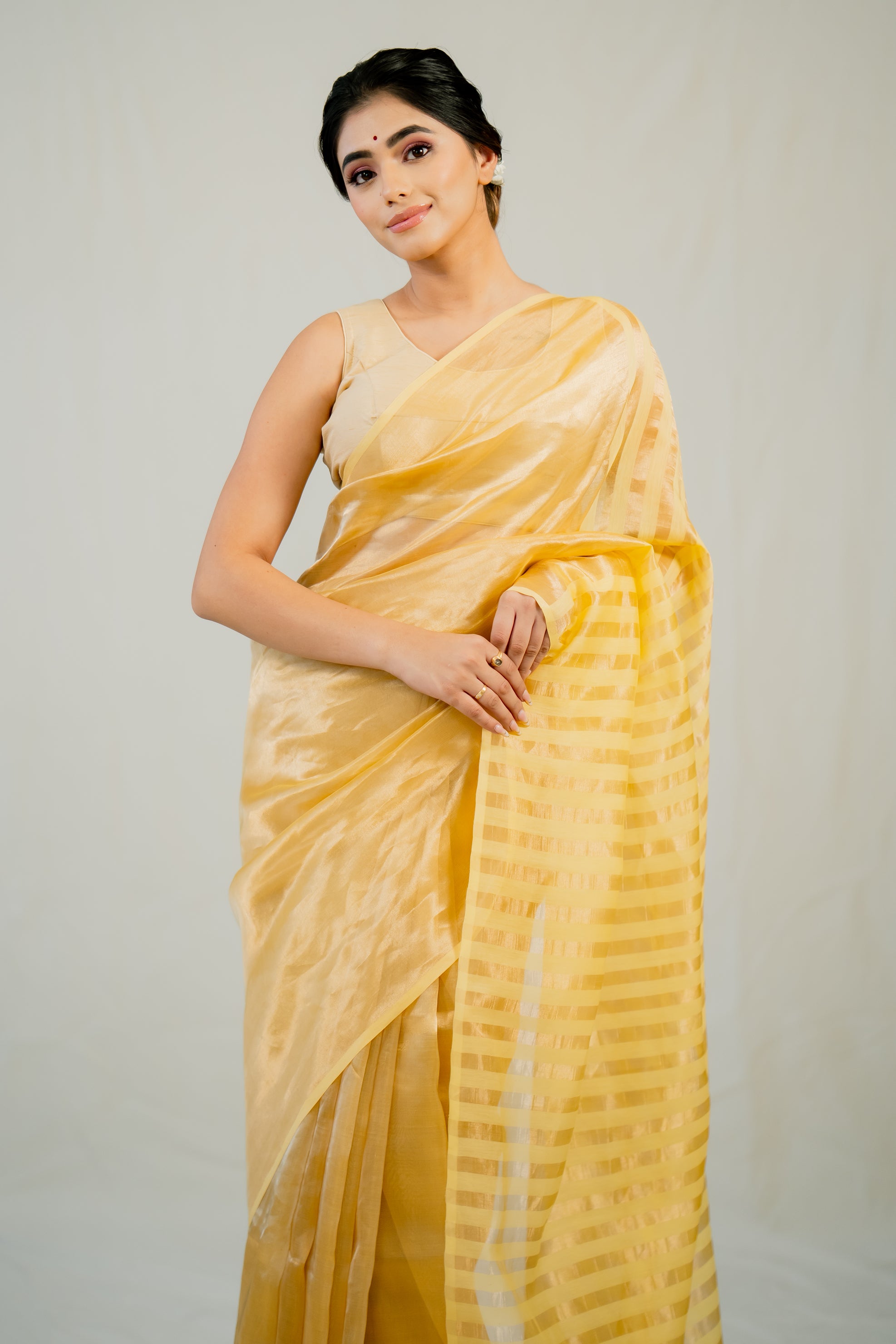 Yellow Stripe Pure Tissue Banarasi Handloom Saree