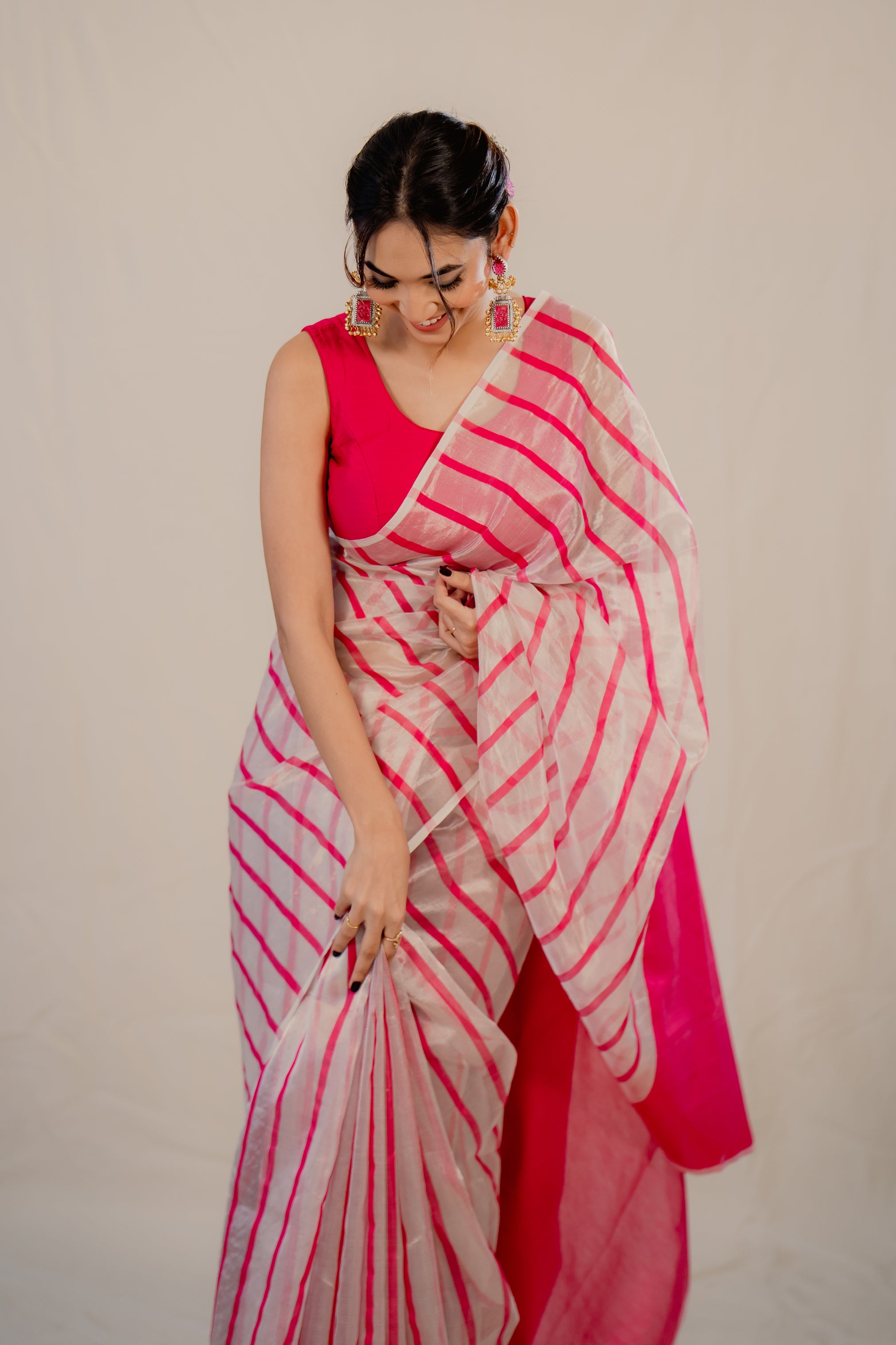 Silver Pink Stripe Tissue Silk Handloom Saree