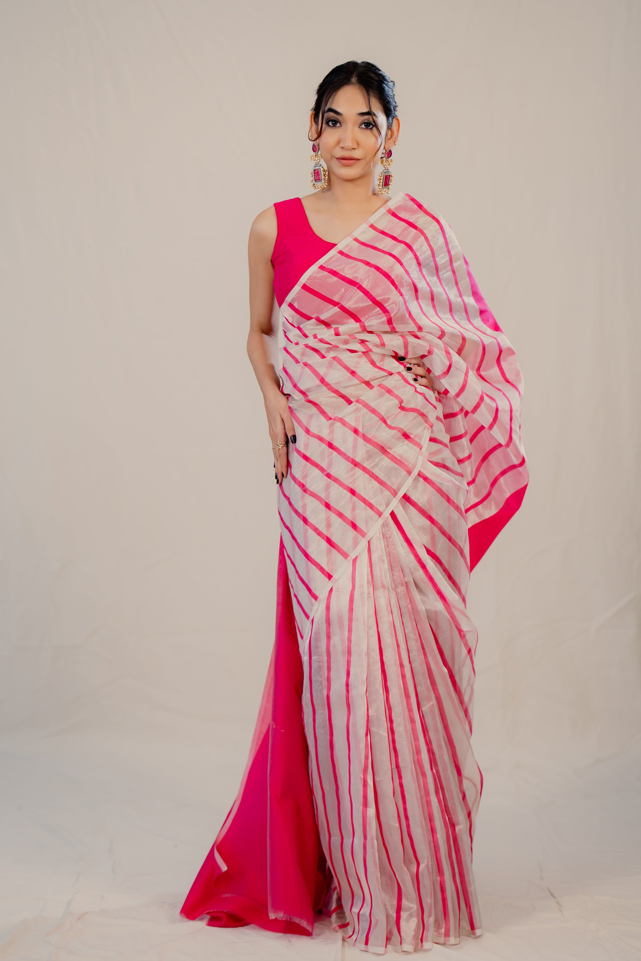 Silver Pink Stripe Tissue Silk Handloom Saree