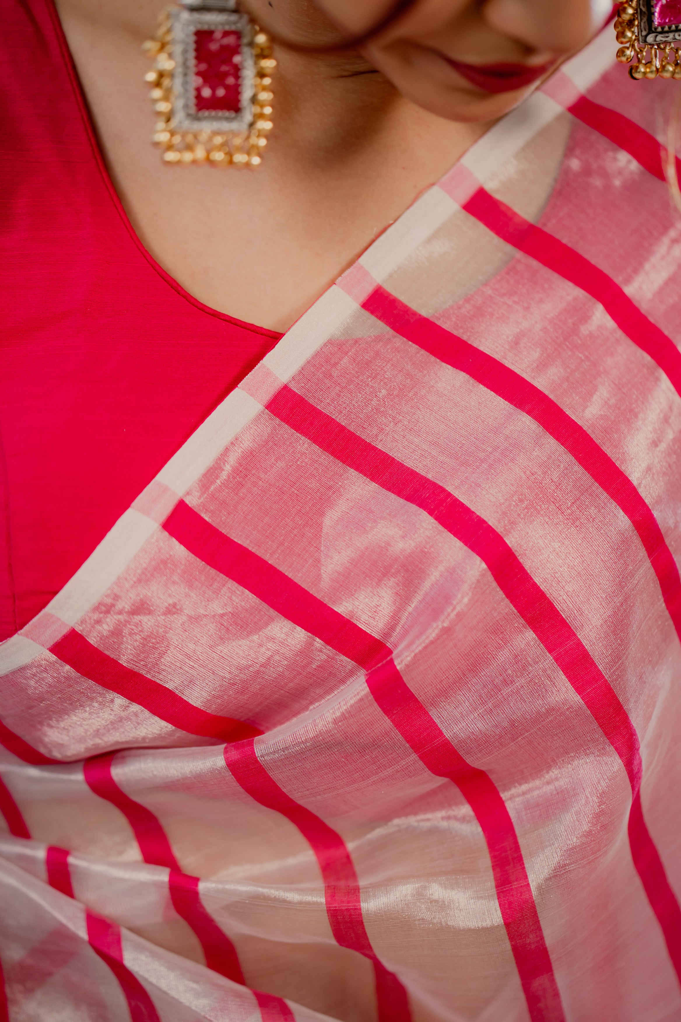 Silver Pink Stripe Tissue Silk Handloom Saree