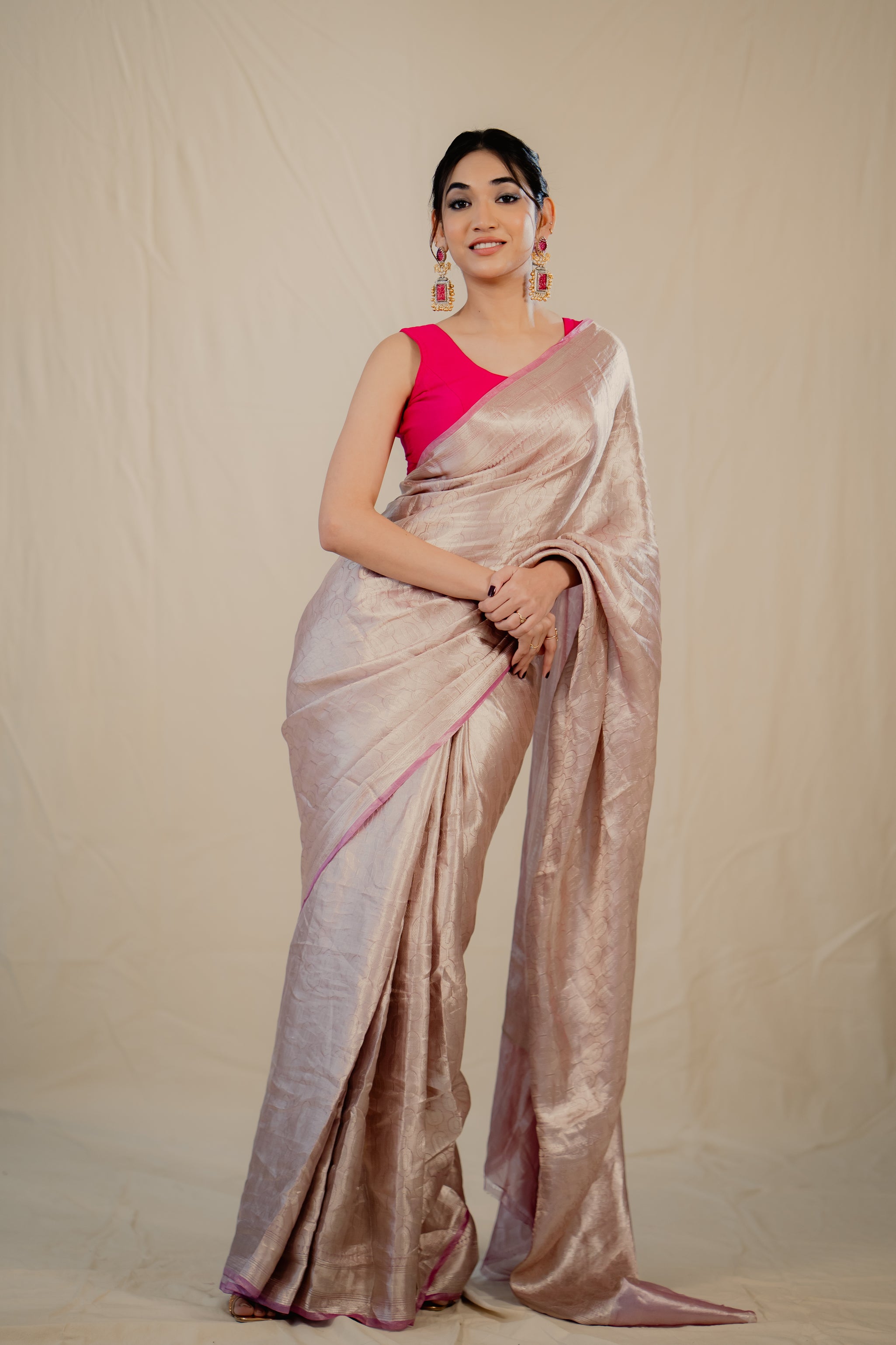 Silver Pink Pure Tissue Brocade Banarasi Handloom Saree